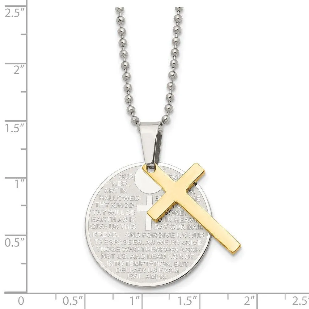 Stainless Steel Brushed/Polished Yellow IP Lords Prayer Cross Necklace