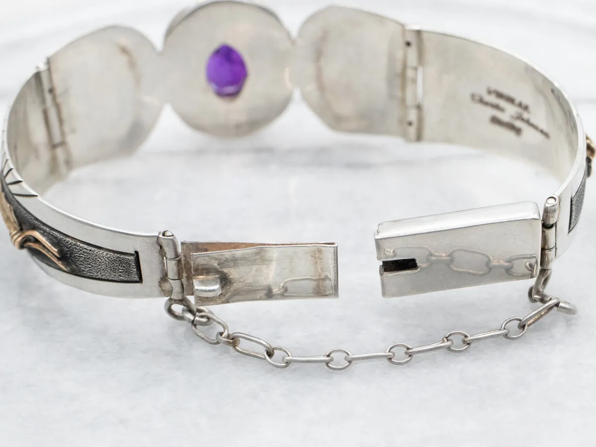 Sterling Silver and Gold Fill Amethyst Panel Link Bracelet with Native American Kokopelli Figures and Feathers