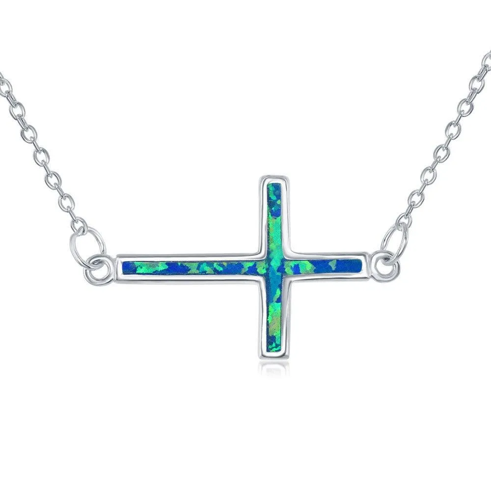 Sterling Silver Blue Inlay Opal Sideways Cross Choker Necklace