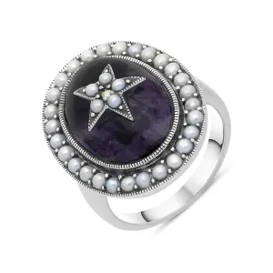 Sterling Silver Blue John Pearl Framed Large Oval Flower Ring