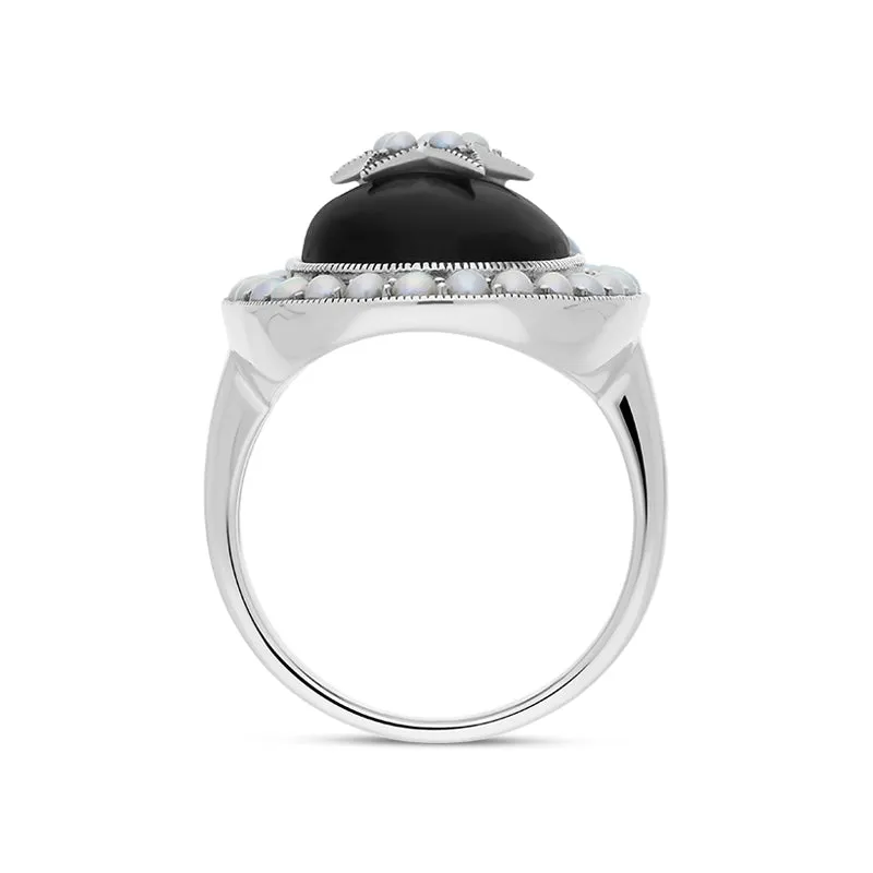 Sterling Silver Blue John Pearl Framed Large Oval Flower Ring