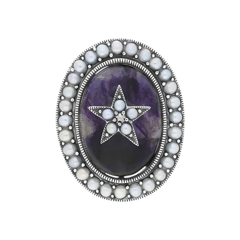 Sterling Silver Blue John Pearl Framed Large Oval Flower Ring