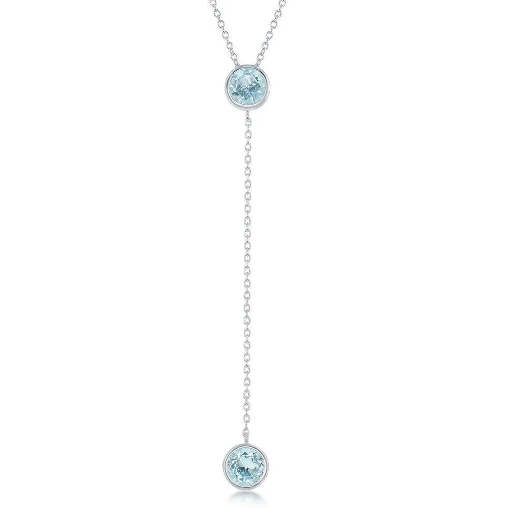 Sterling Silver Round Blue Topaz With  Long Hanging Chain & Round Blue Topaz Necklace
