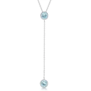 Sterling Silver Round Blue Topaz With  Long Hanging Chain & Round Blue Topaz Necklace