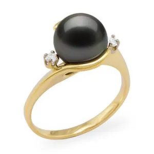 Tahitian Black Pearl Ring in Gold with Diamonds - 9-10mm