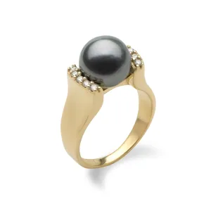 Tahitian Black Pearl Ring in Gold with Diamonds - 9-10mm