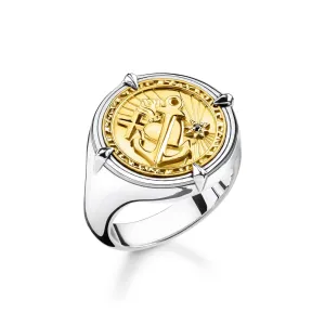 Thomas Sabo Rebel At Heart Sterling Silver Yellow Gold Plated Black CZ Signet Ring