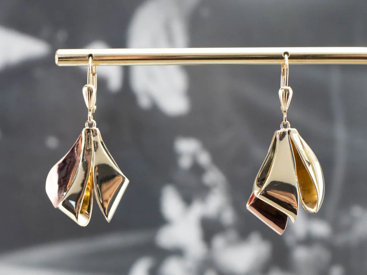 Two Tone Gold Ribbon Drop Earrings