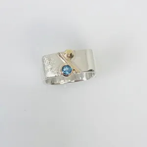 Unique Large Square Stacking Silver & Gold Blue Topaz Ring