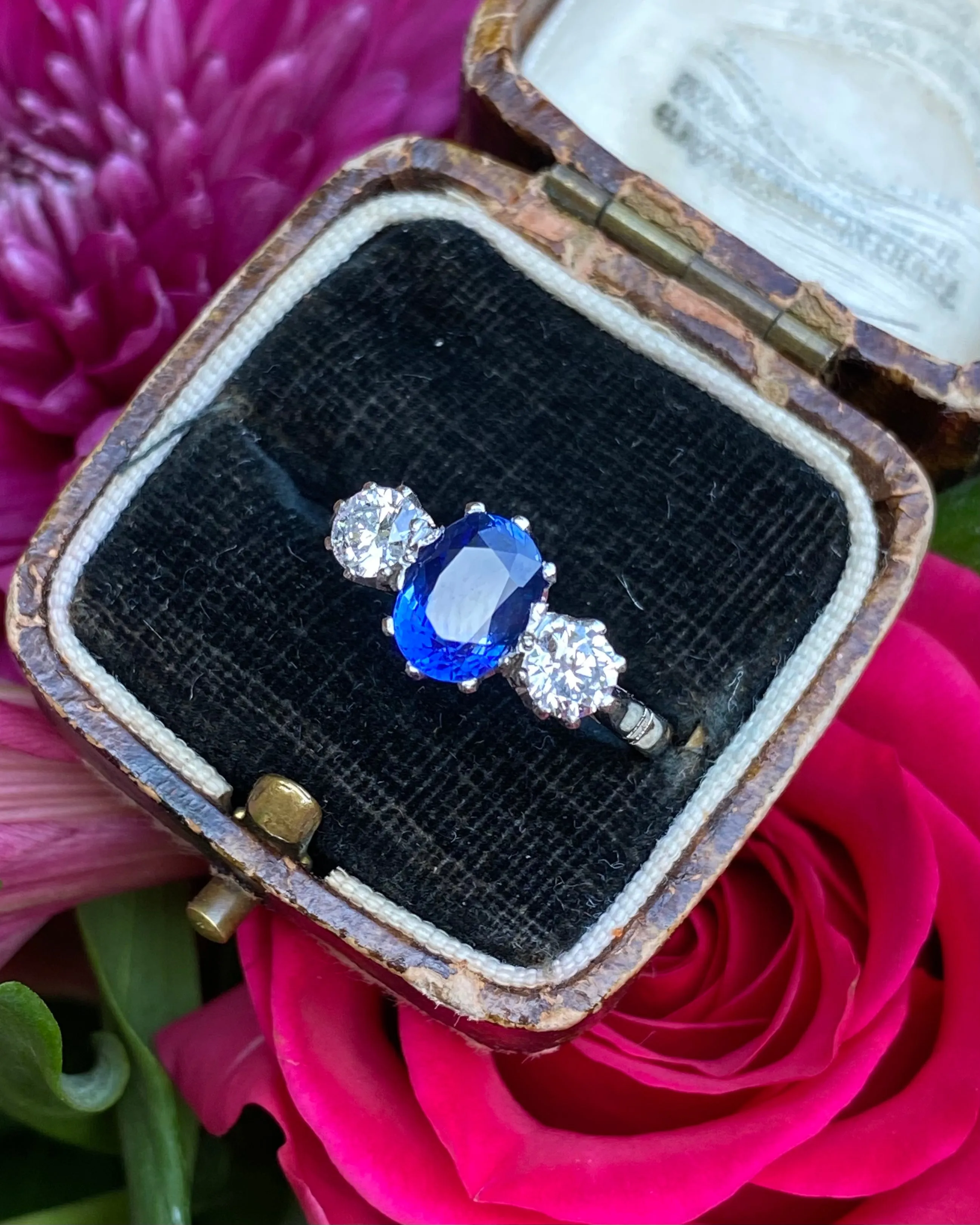 Victorian Sapphire and Old Cut Diamond Three Stone Platinum Ring 0.55ct   1.20ct