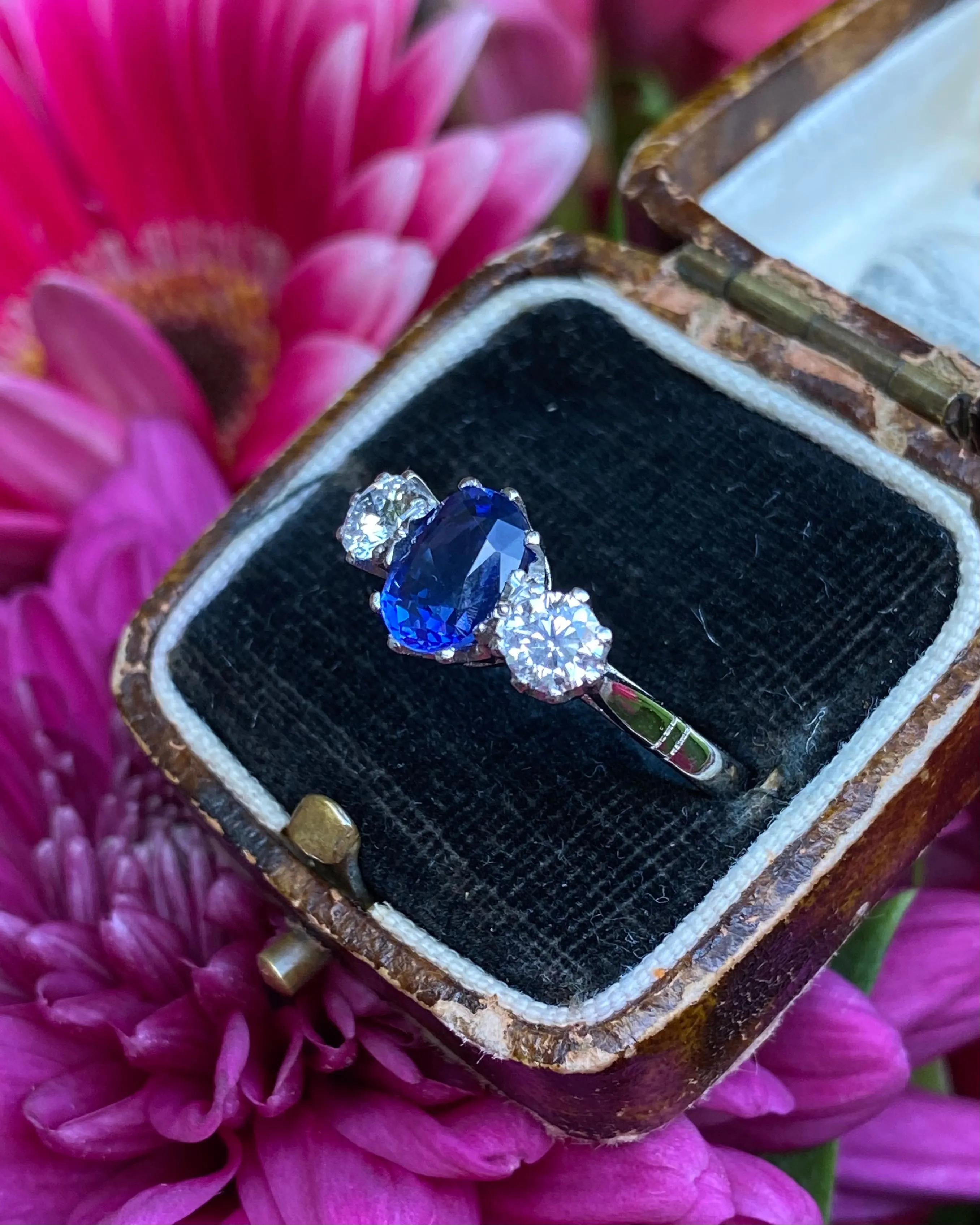 Victorian Sapphire and Old Cut Diamond Three Stone Platinum Ring 0.55ct   1.20ct