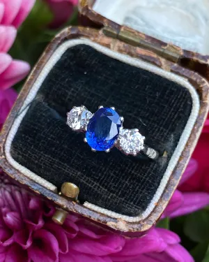 Victorian Sapphire and Old Cut Diamond Three Stone Platinum Ring 0.55ct   1.20ct