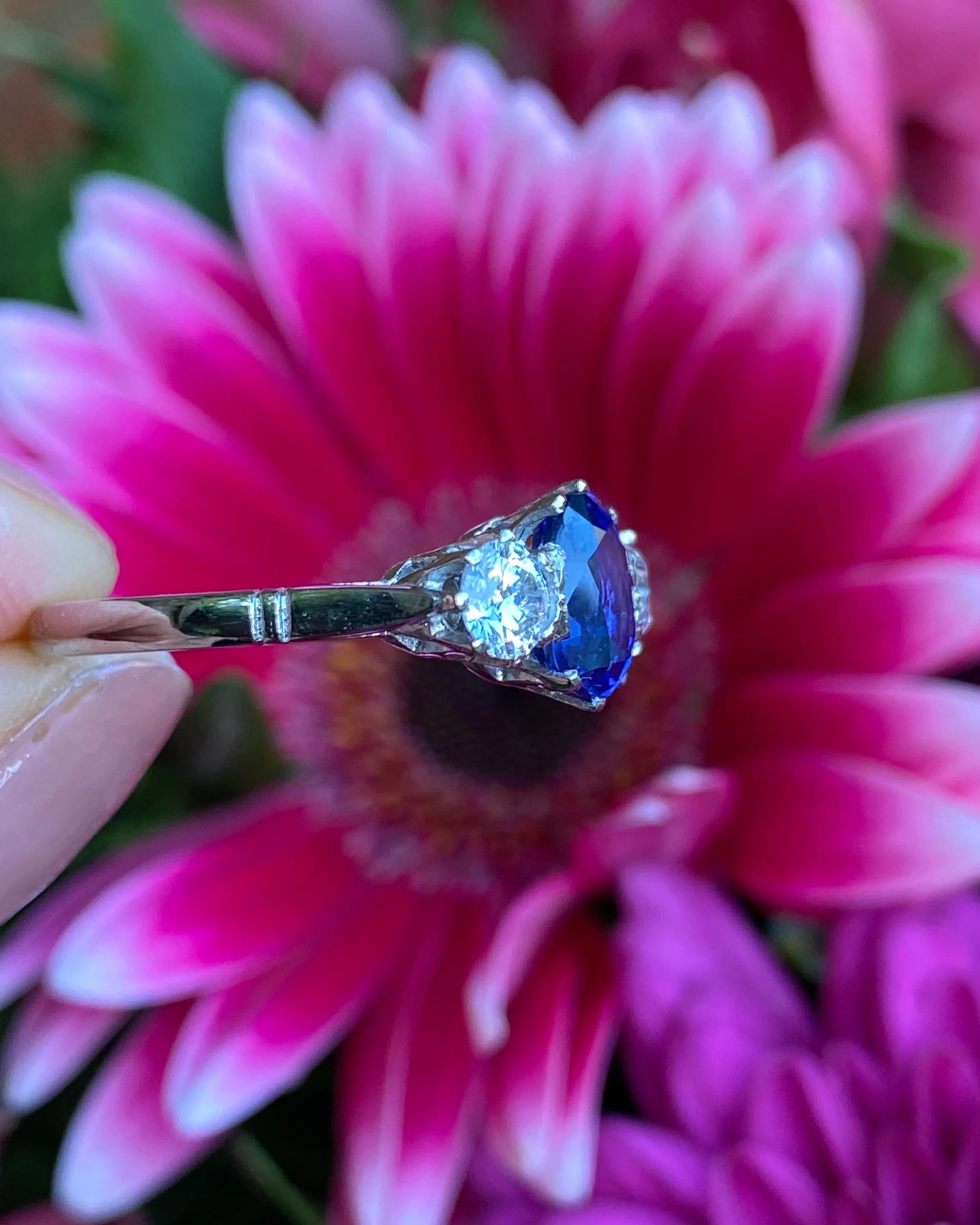 Victorian Sapphire and Old Cut Diamond Three Stone Platinum Ring 0.55ct   1.20ct