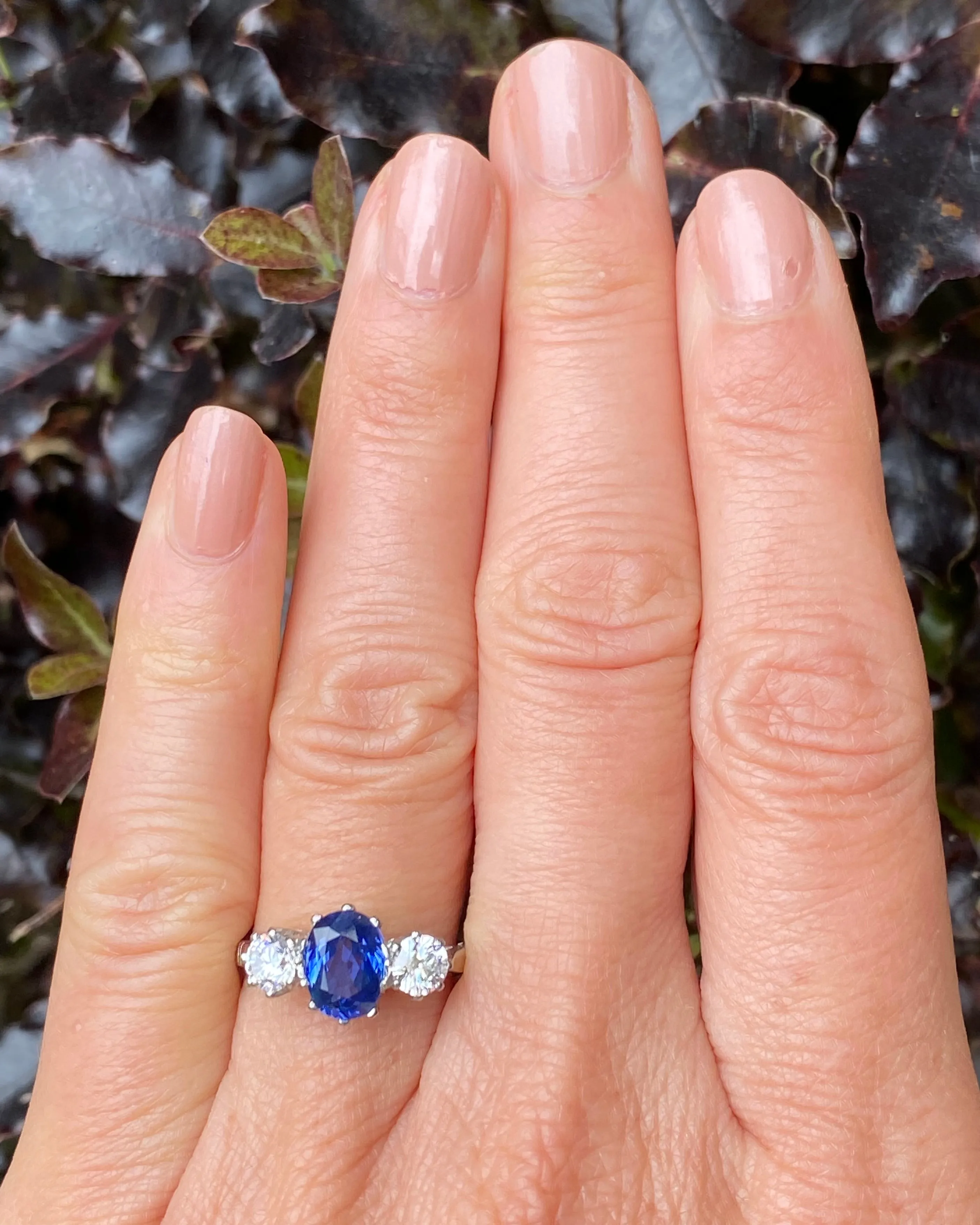 Victorian Sapphire and Old Cut Diamond Three Stone Platinum Ring 0.55ct   1.20ct