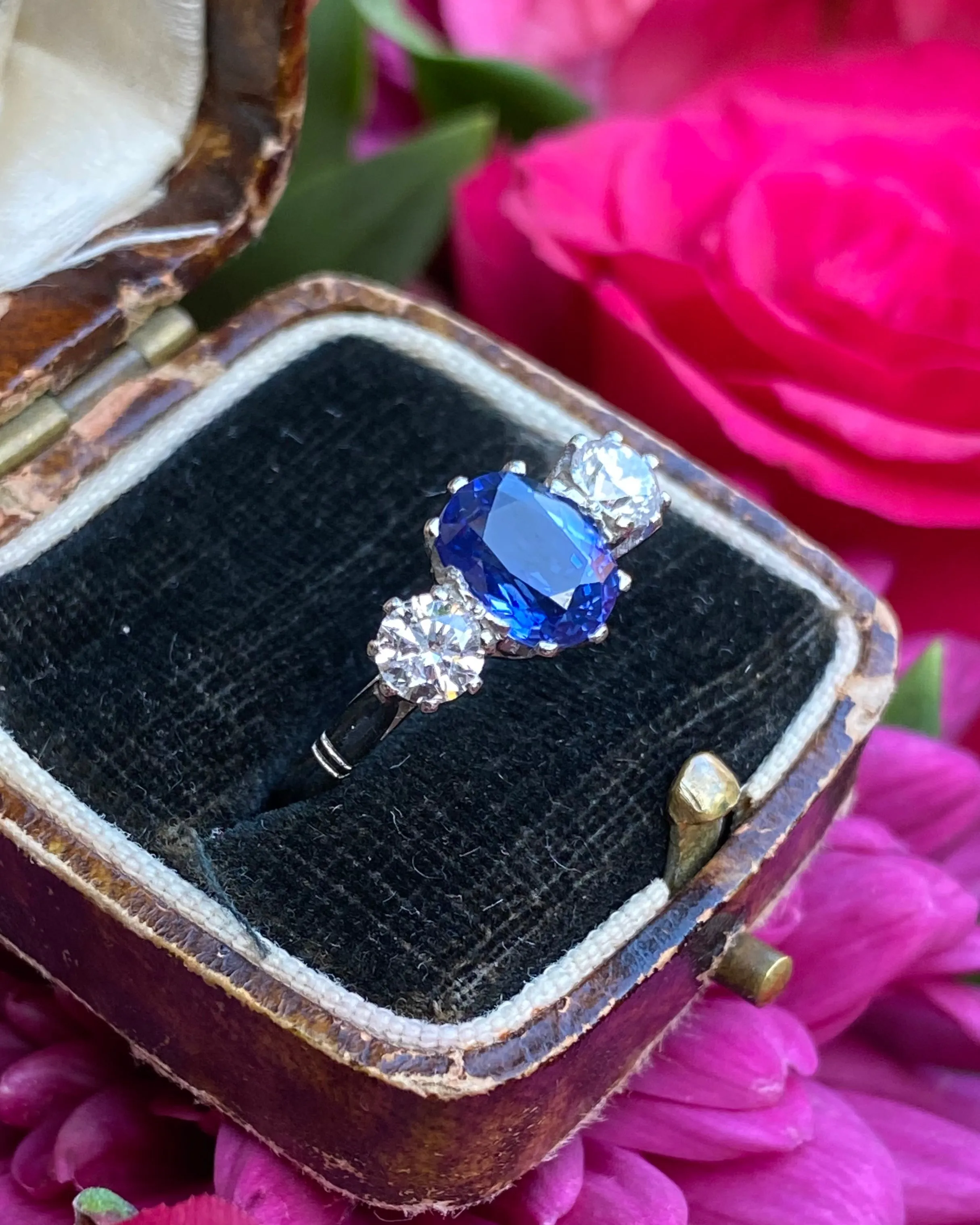 Victorian Sapphire and Old Cut Diamond Three Stone Platinum Ring 0.55ct   1.20ct