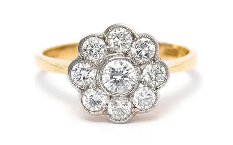 Victorian Style Diamond Daisy Cluster Ring 1.10ct 18ct Yellow Gold