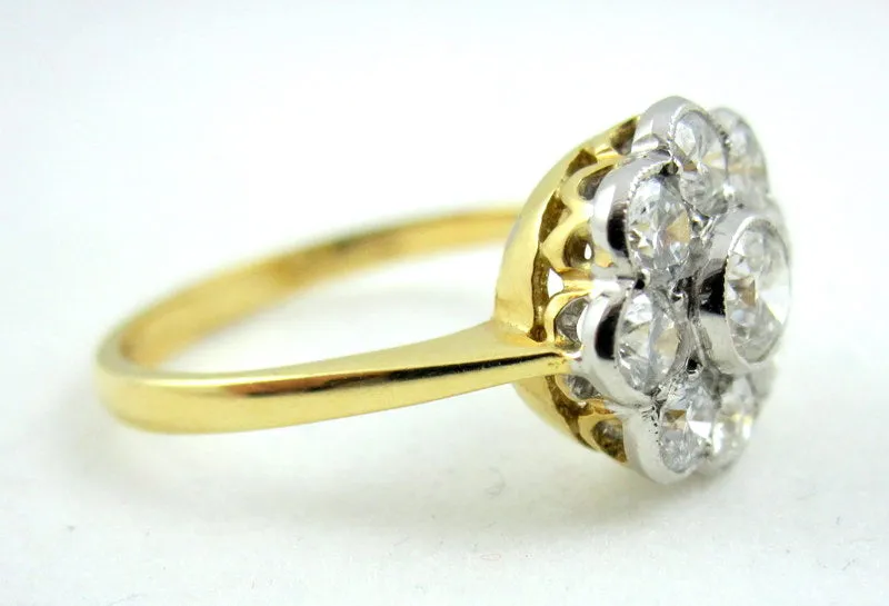 Victorian Style Diamond Daisy Cluster Ring 1.10ct 18ct Yellow Gold