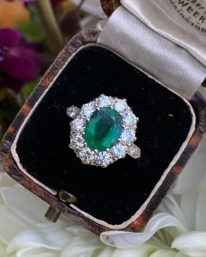 Victorian Style Emerald and Diamond Cluster Platinum Ring 1.35ct   1.90ct