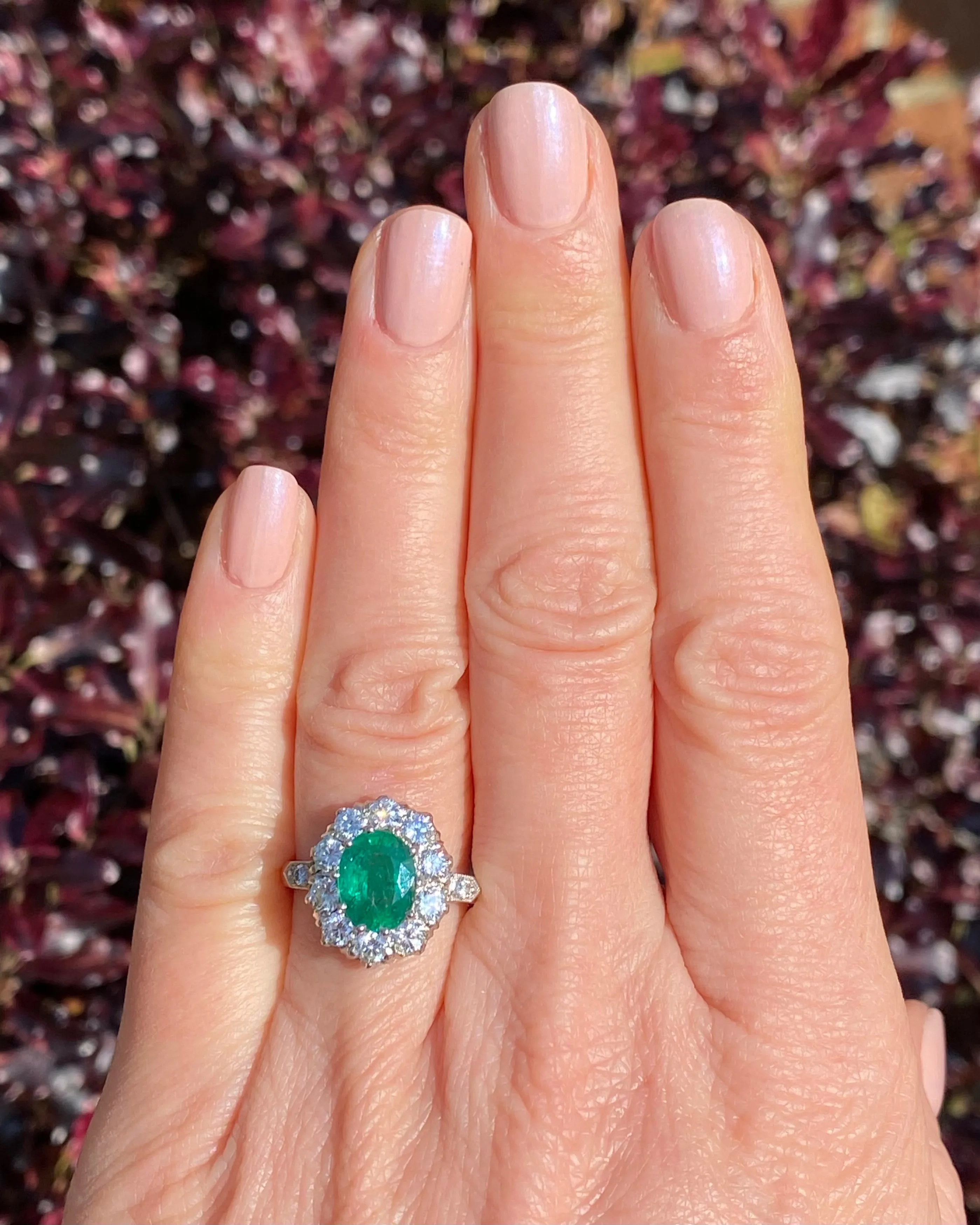 Victorian Style Emerald and Diamond Cluster Platinum Ring 1.35ct   1.90ct
