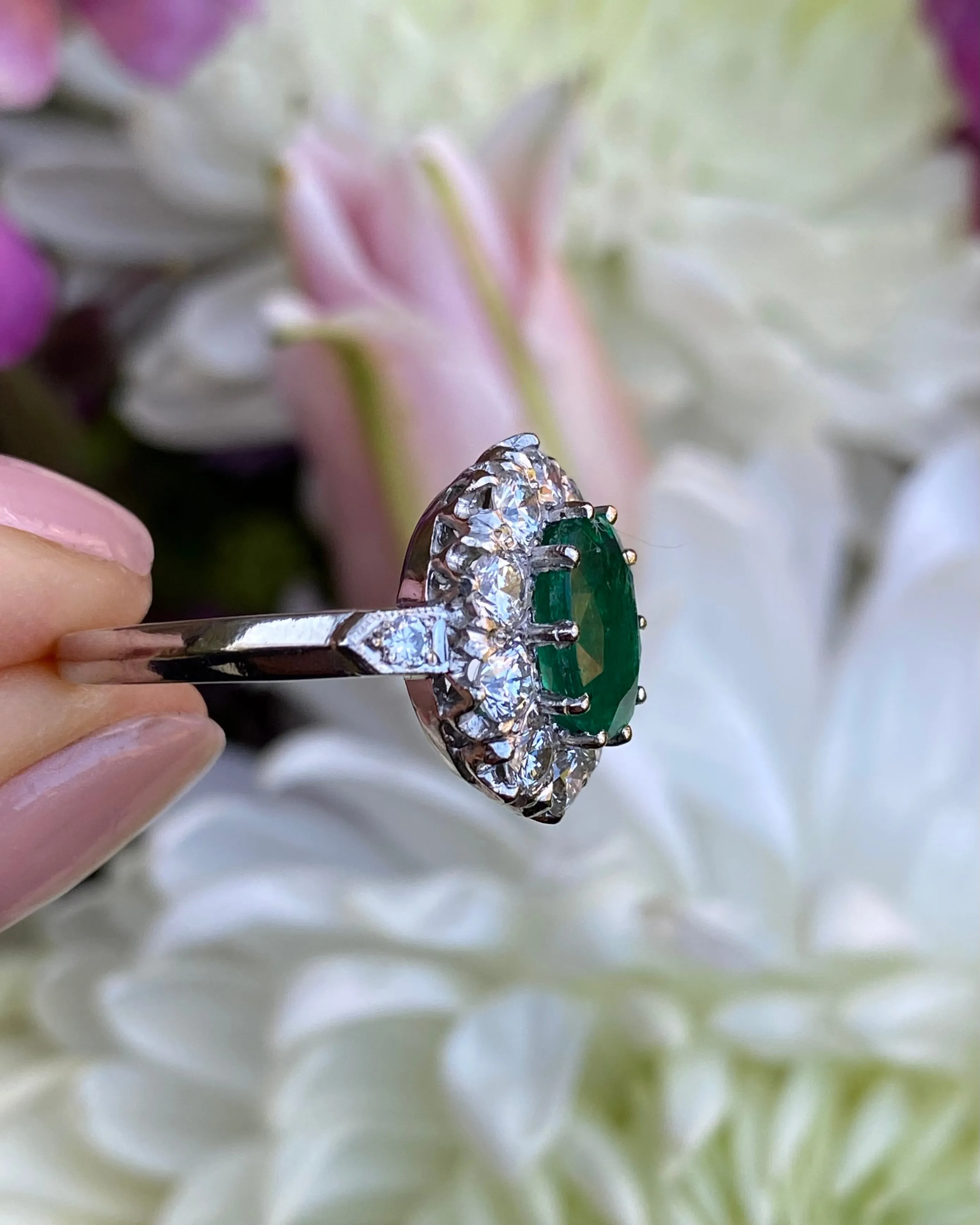 Victorian Style Emerald and Diamond Cluster Platinum Ring 1.35ct   1.90ct