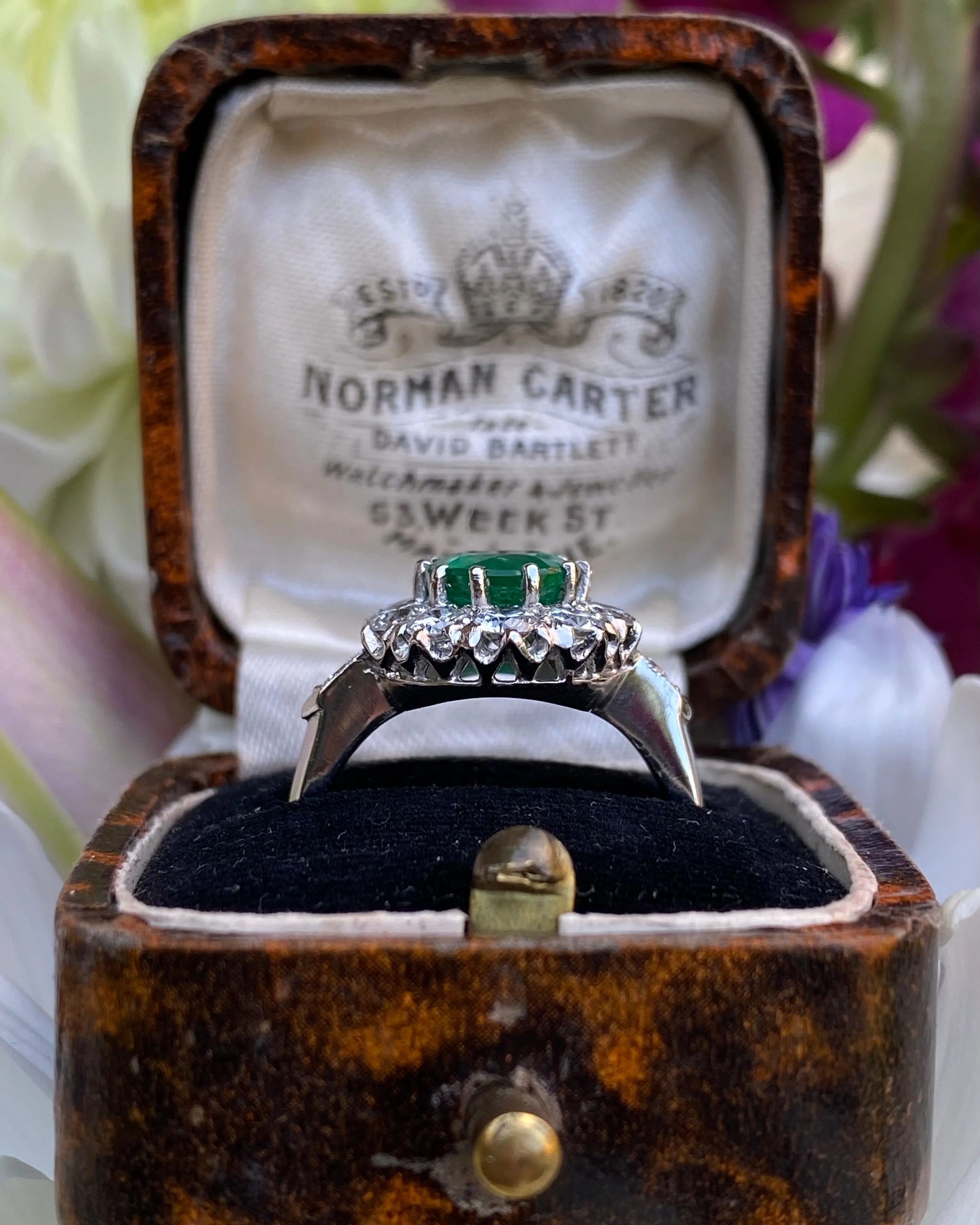 Victorian Style Emerald and Diamond Cluster Platinum Ring 1.35ct   1.90ct