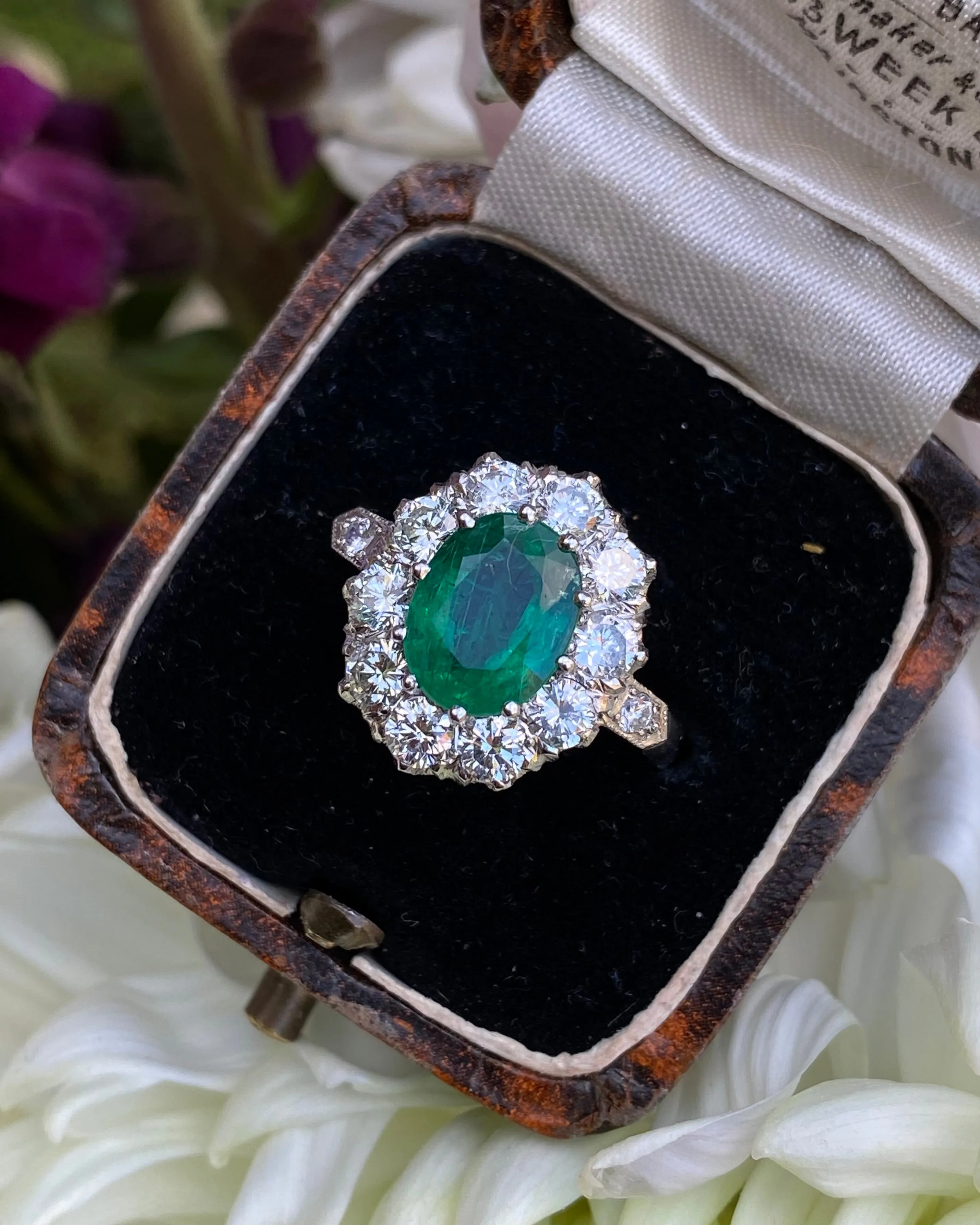 Victorian Style Emerald and Diamond Cluster Platinum Ring 1.35ct   1.90ct