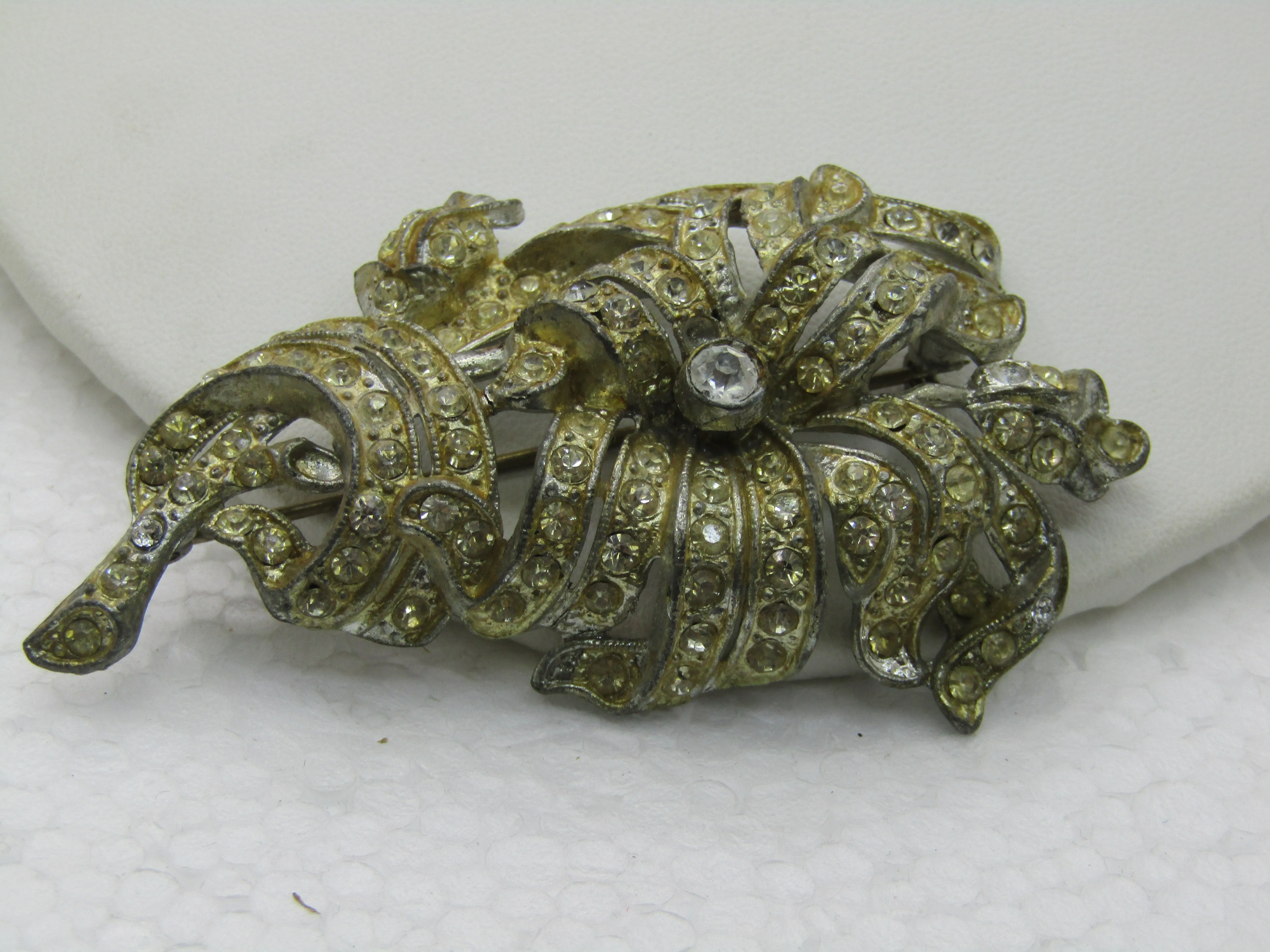 Vintage 1930's Art Deco Rhinestone Brooch, Pot Metal, 3"