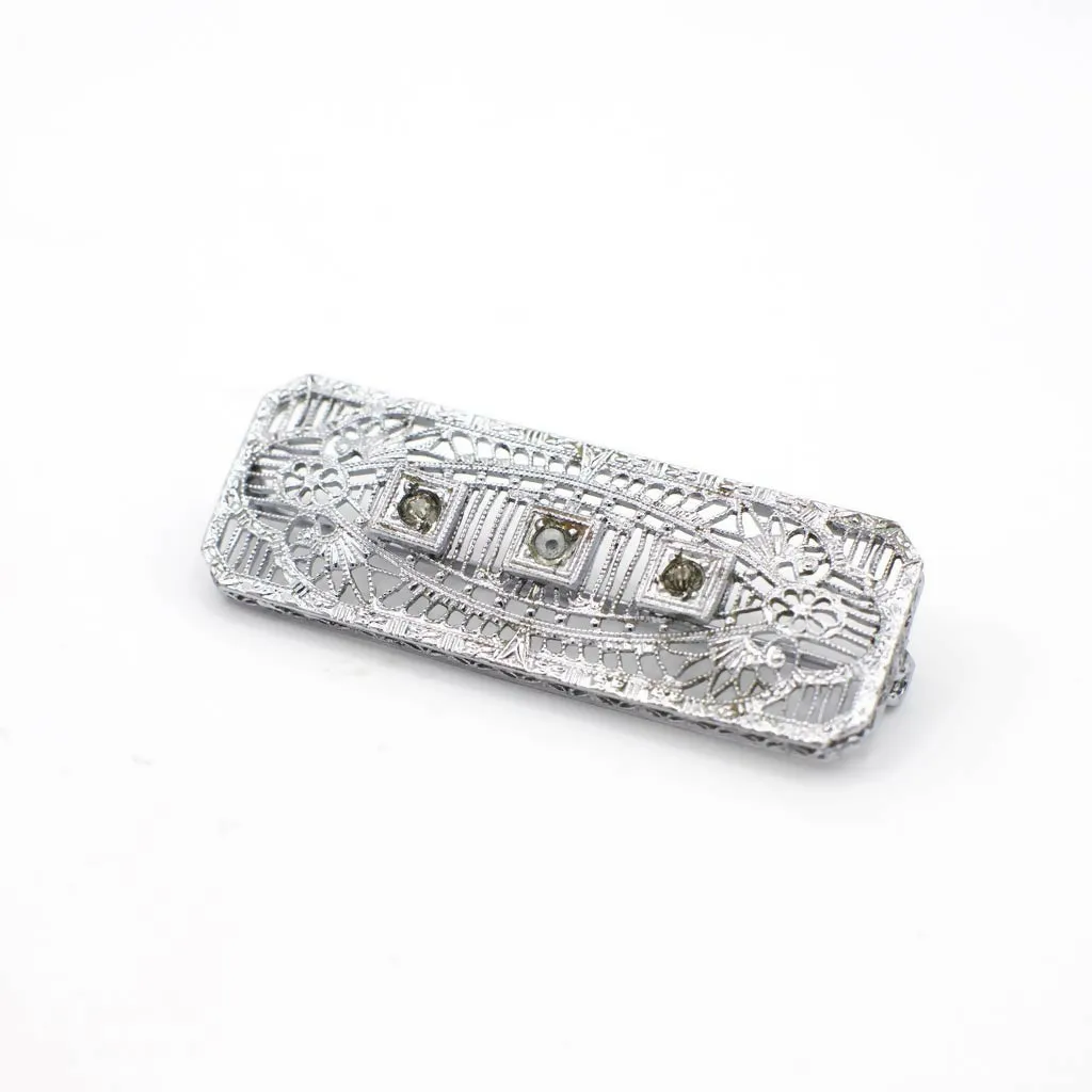 Vintage 1930s May and Malone Rhinestone and Silver Tone Filigree Bar Pin