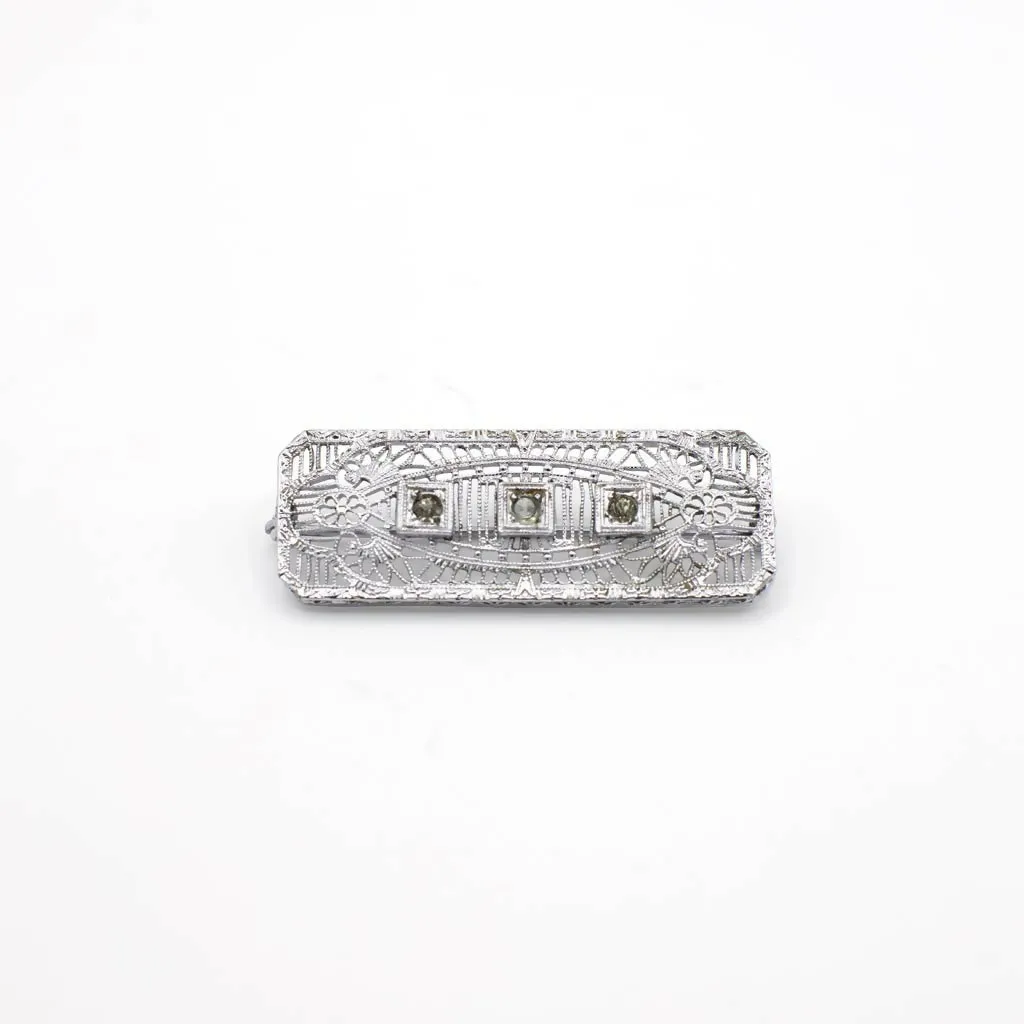 Vintage 1930s May and Malone Rhinestone and Silver Tone Filigree Bar Pin