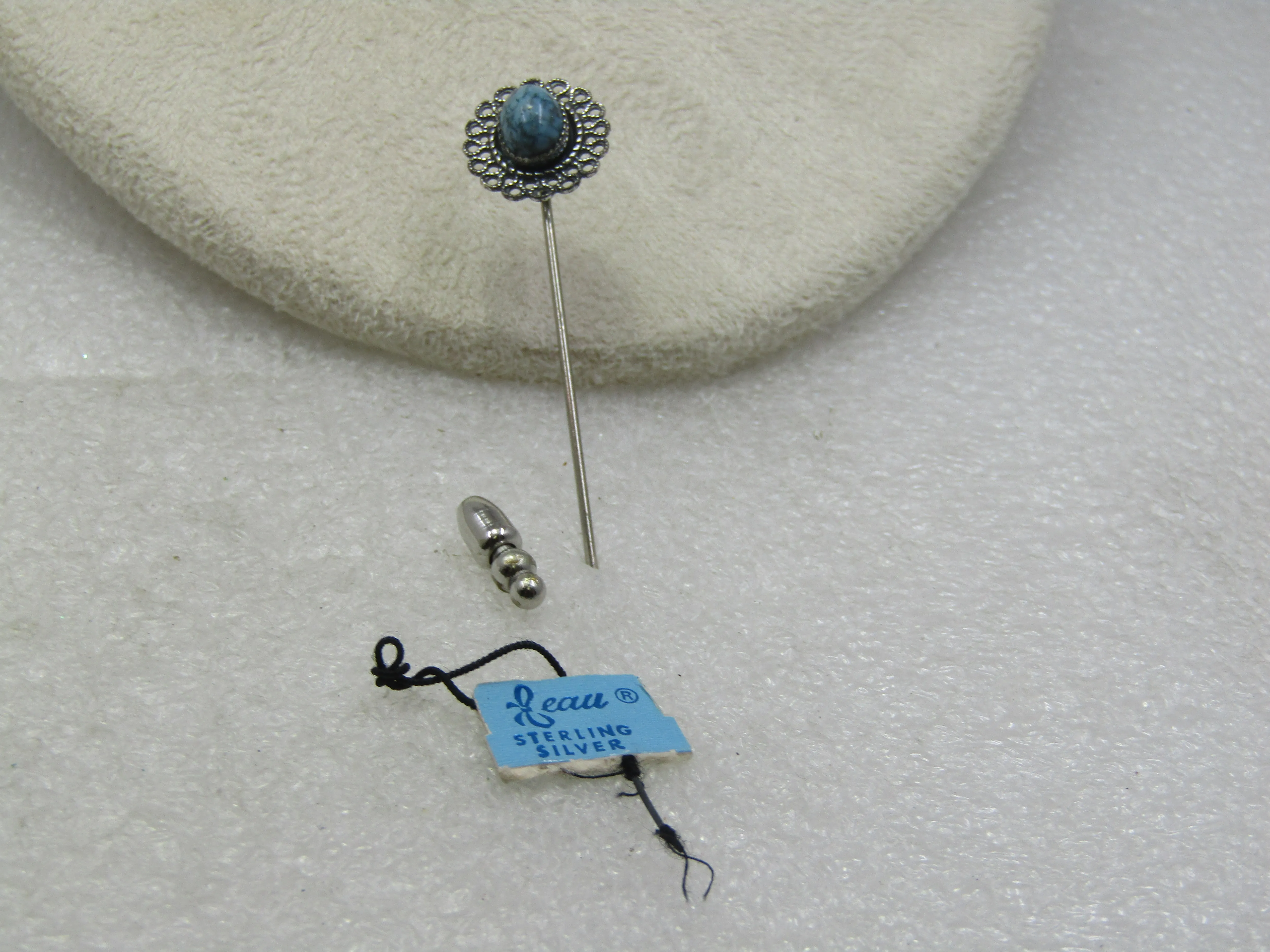 Vintage Beau Sterling Simulated Turquoise Stick Pin, 1960's 2.5"