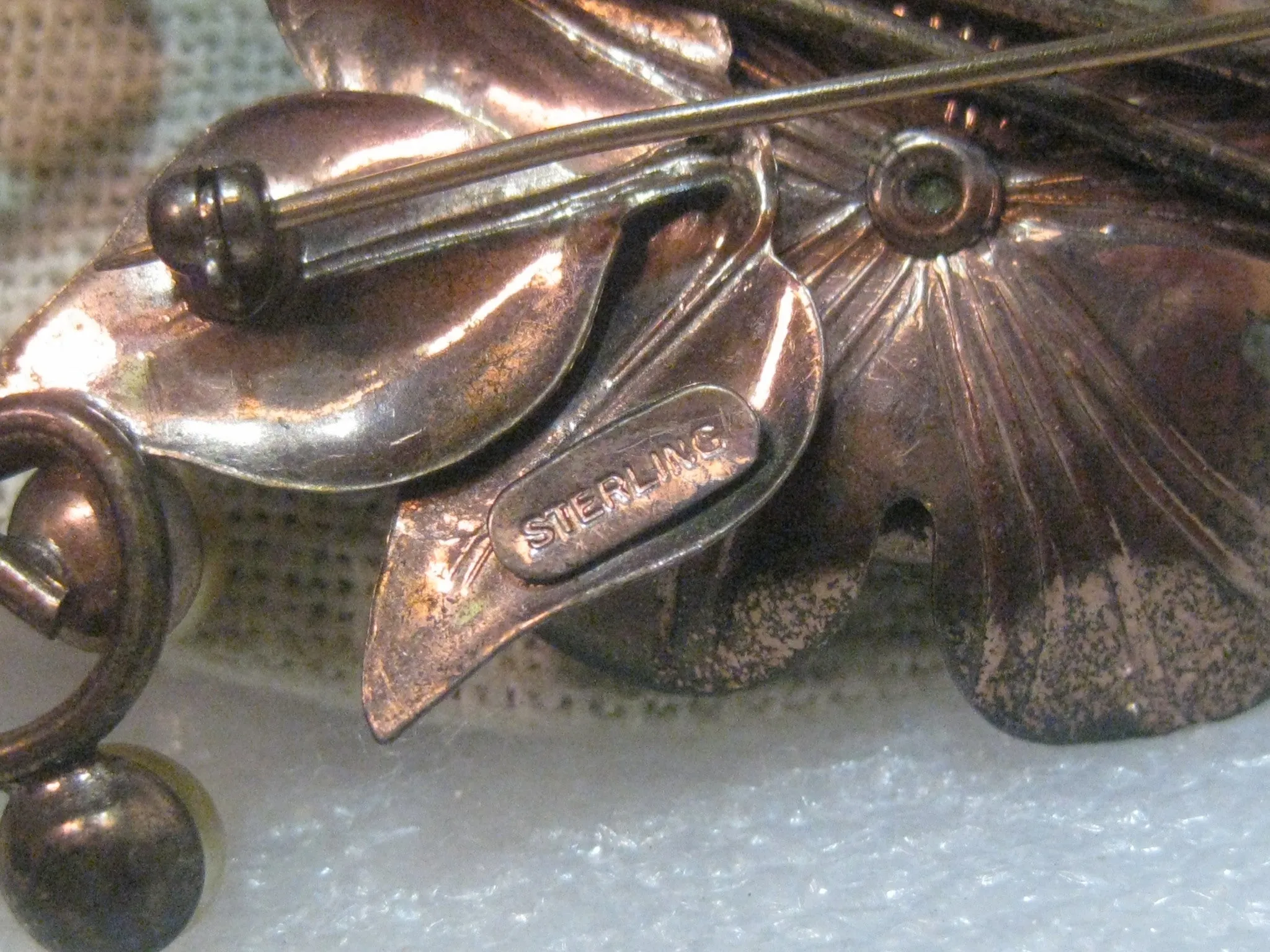 Vintage  Copper of Sterling Floral 1940's Brooch, faux pearls, 3.25