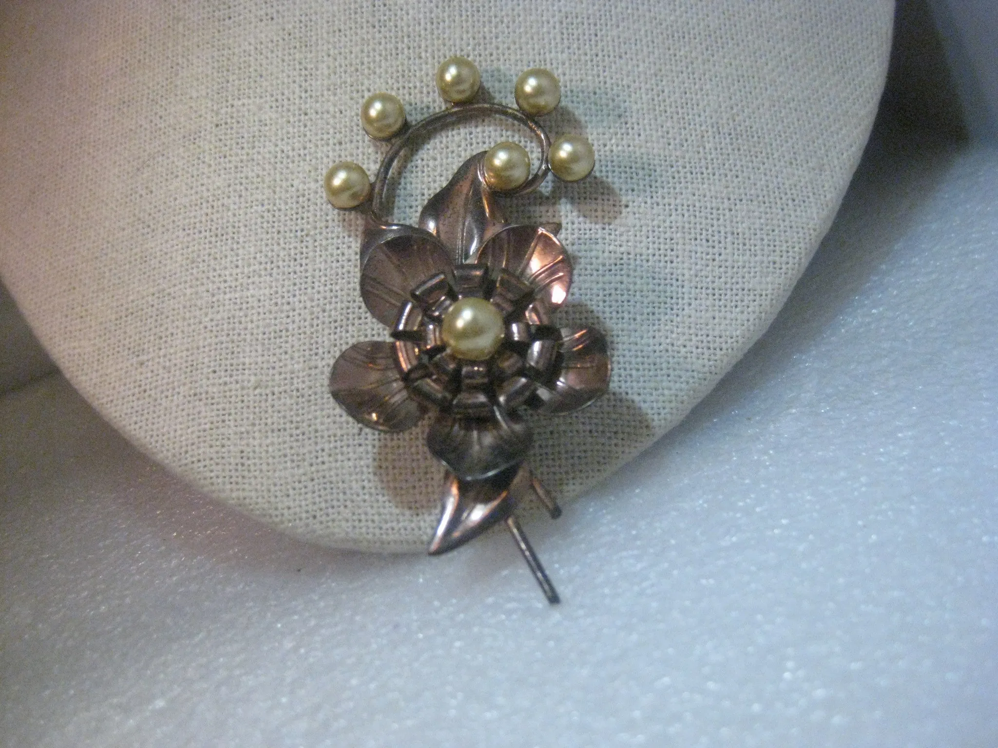Vintage  Copper of Sterling Floral 1940's Brooch, faux pearls, 3.25