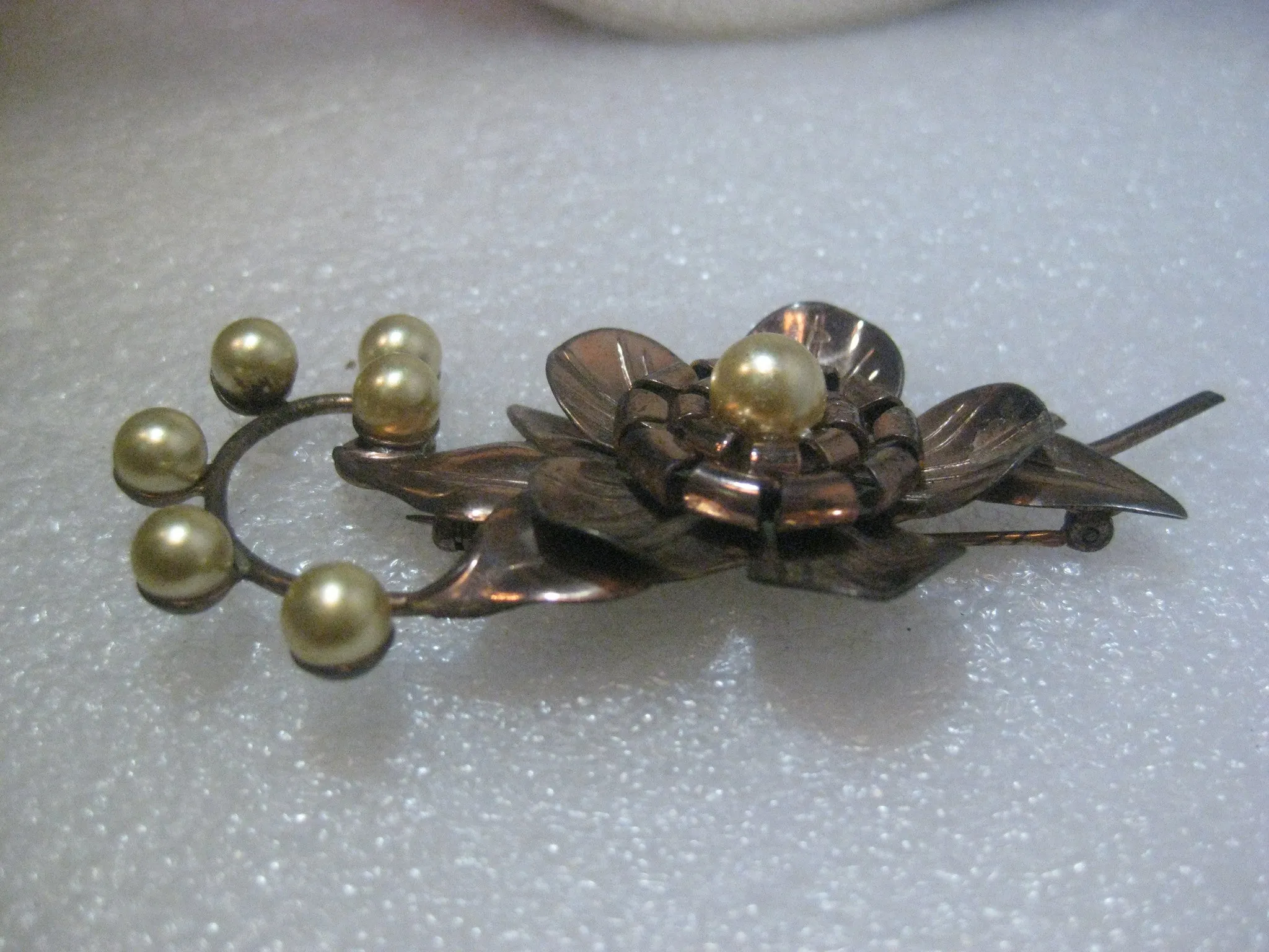 Vintage  Copper of Sterling Floral 1940's Brooch, faux pearls, 3.25