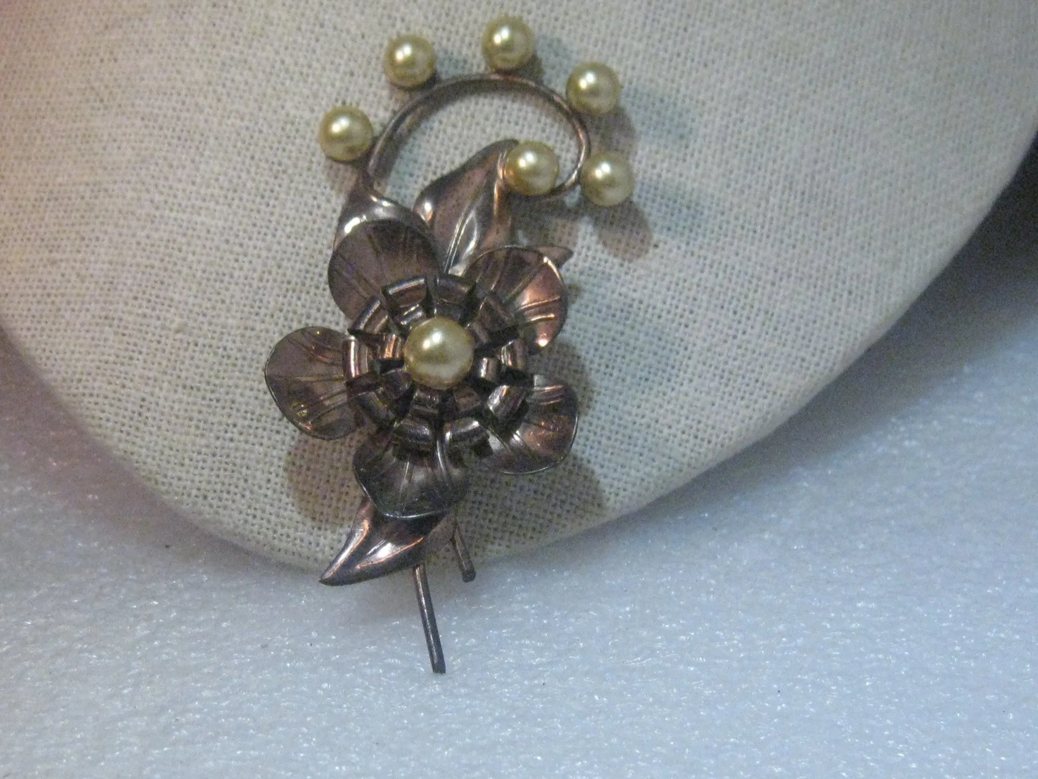 Vintage  Copper of Sterling Floral 1940's Brooch, faux pearls, 3.25