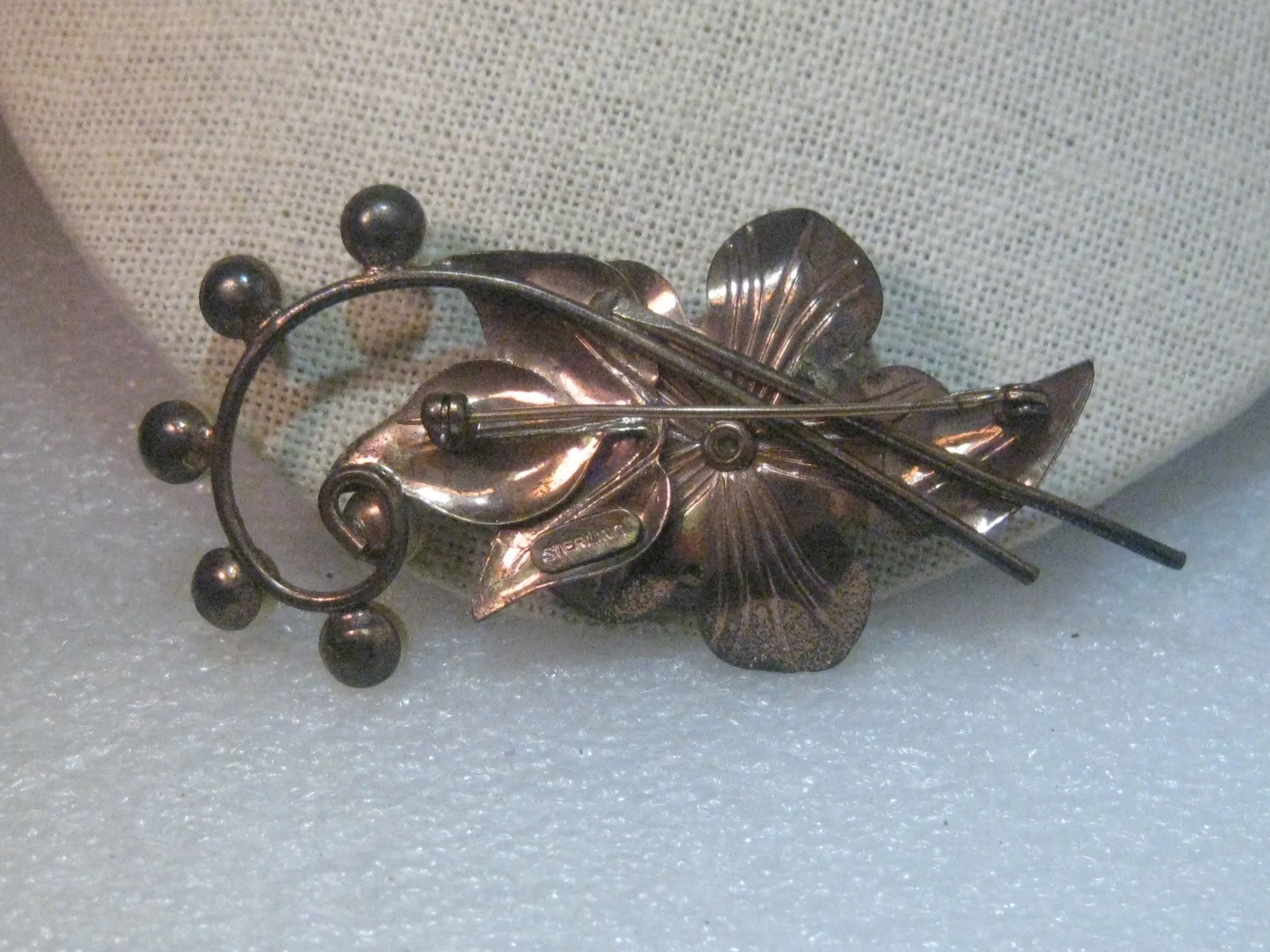 Vintage  Copper of Sterling Floral 1940's Brooch, faux pearls, 3.25