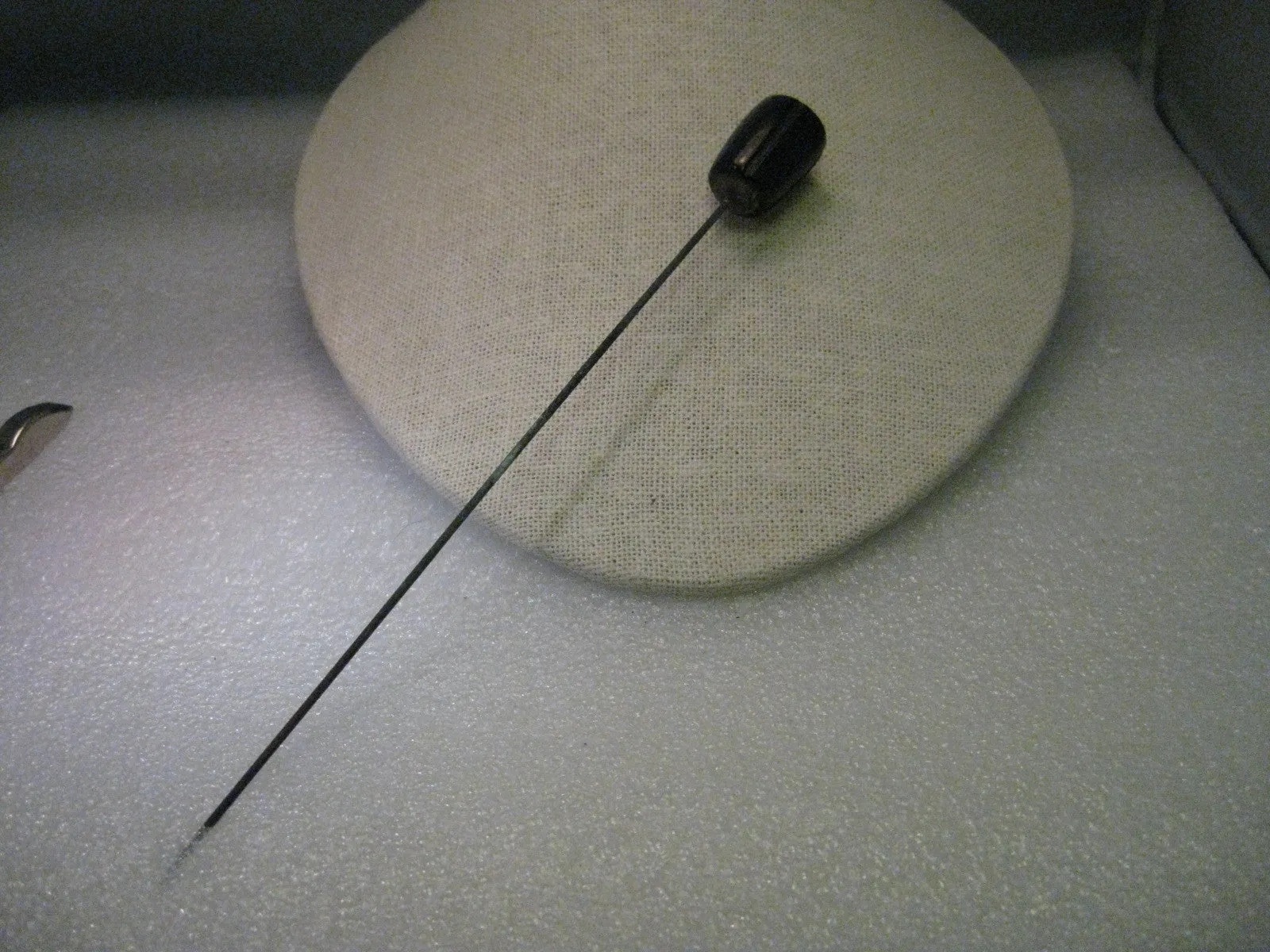 Vintage Edwardian/Art Deco Bakelite Stick Pin With Pyrite, Round, Notched  Black Bakelite Top, 7" Long