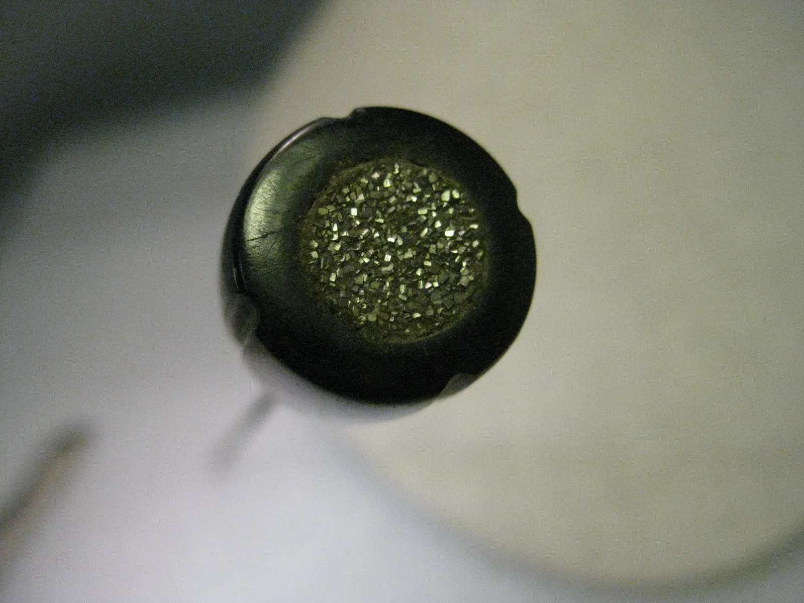 Vintage Edwardian/Art Deco Bakelite Stick Pin With Pyrite, Round, Notched  Black Bakelite Top, 7" Long