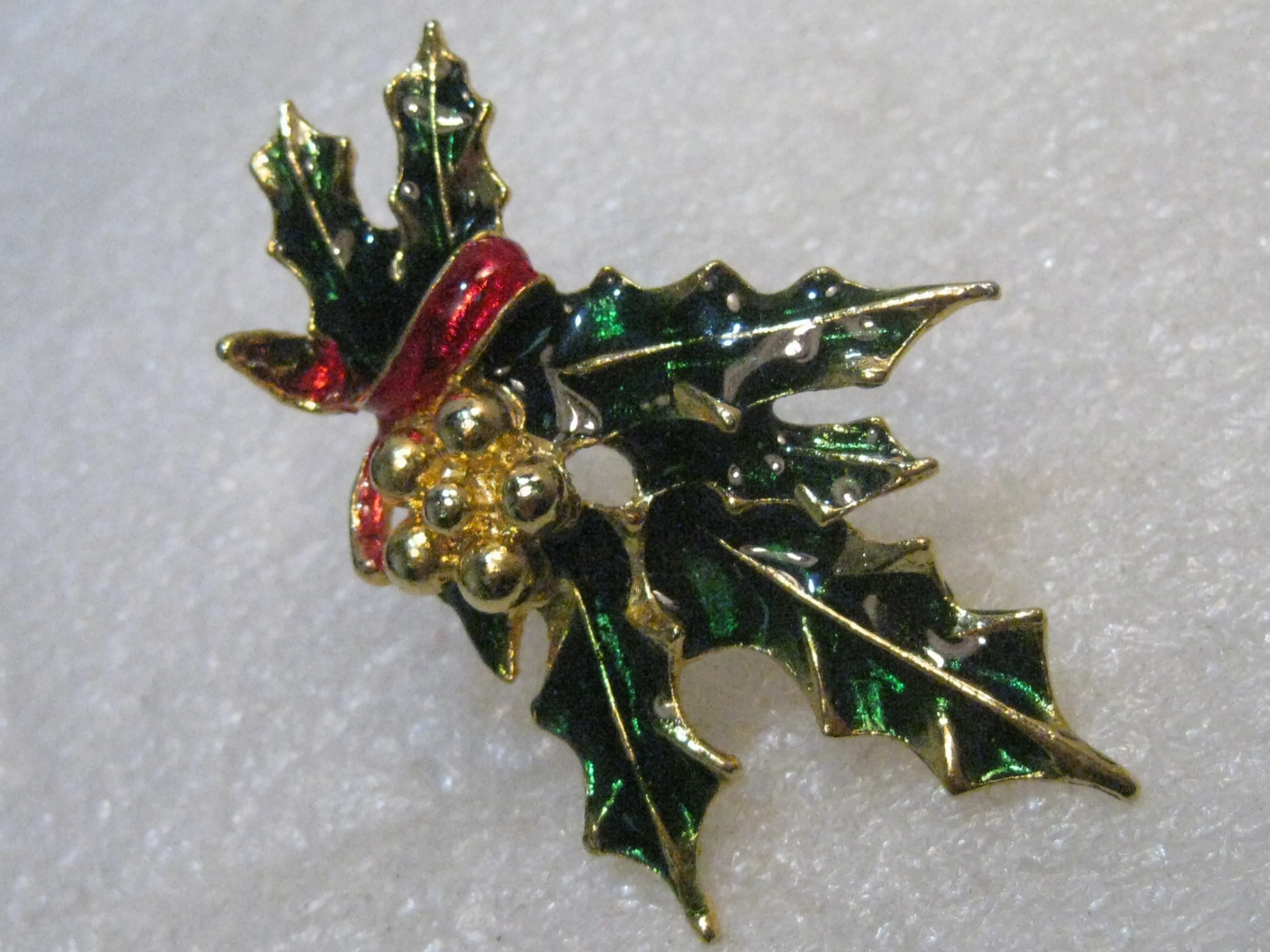 Vintage Enameled Holly Christmas Brooch, 2.5", 1960's-1970's, Gold Tone