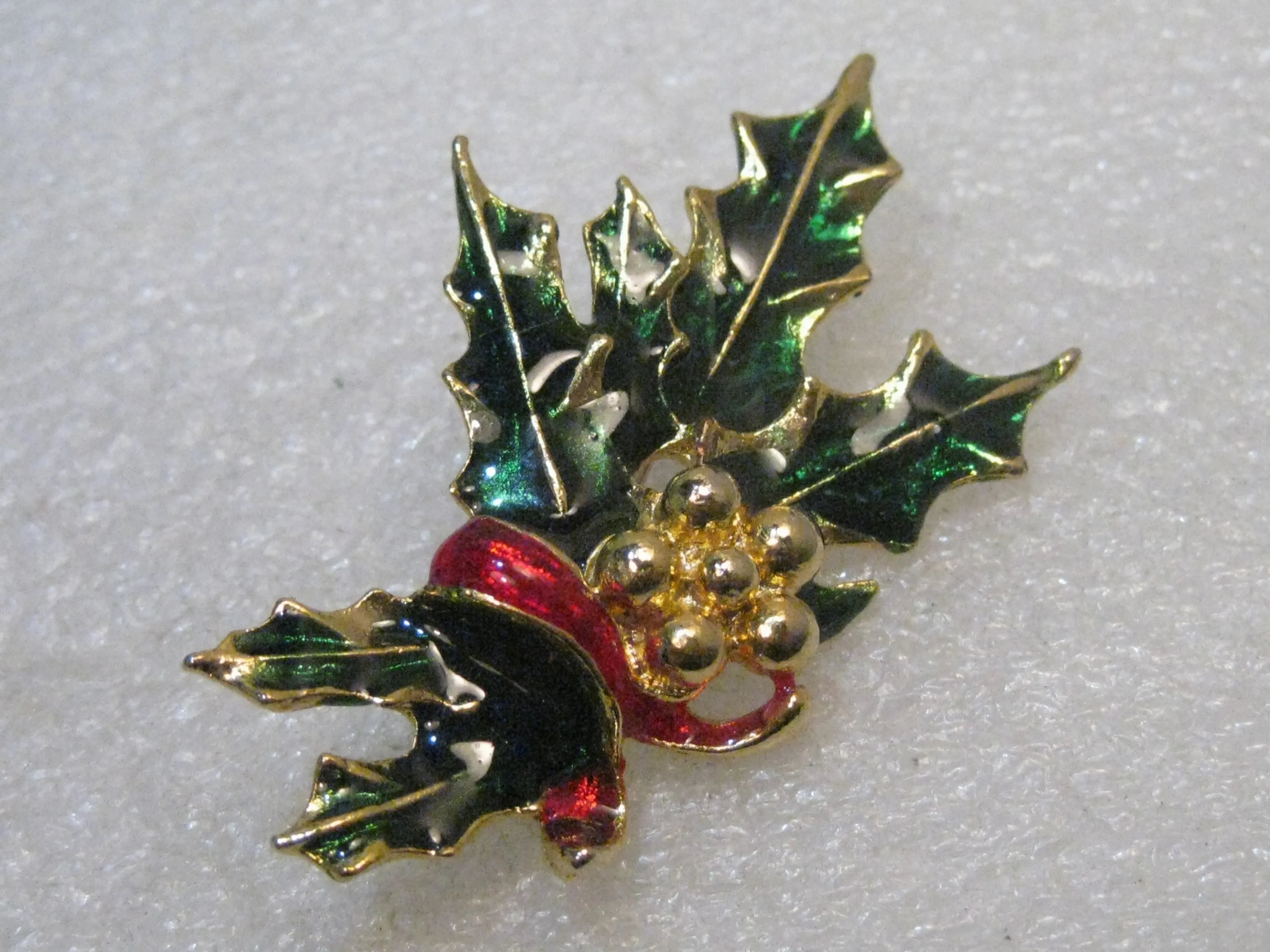 Vintage Enameled Holly Christmas Brooch, 2.5", 1960's-1970's, Gold Tone