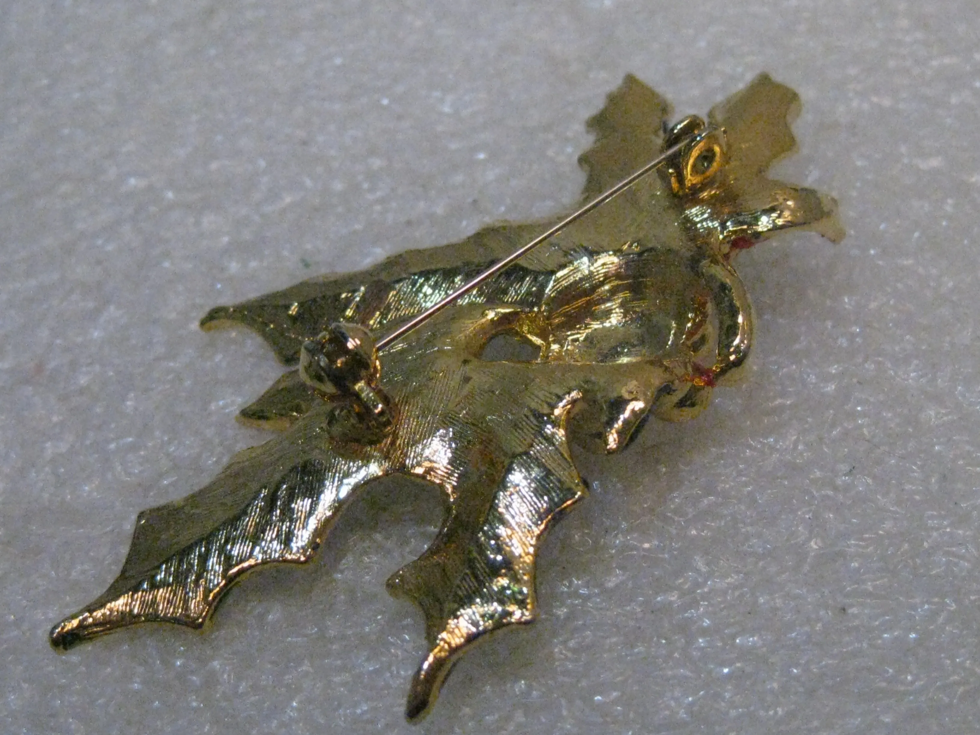 Vintage Enameled Holly Christmas Brooch, 2.5", 1960's-1970's, Gold Tone