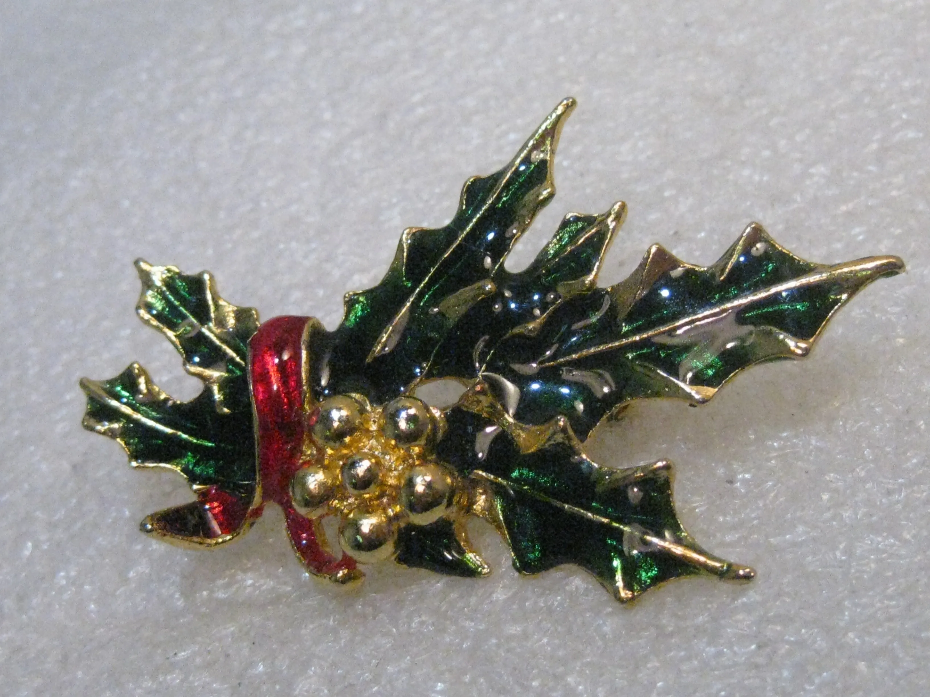Vintage Enameled Holly Christmas Brooch, 2.5", 1960's-1970's, Gold Tone