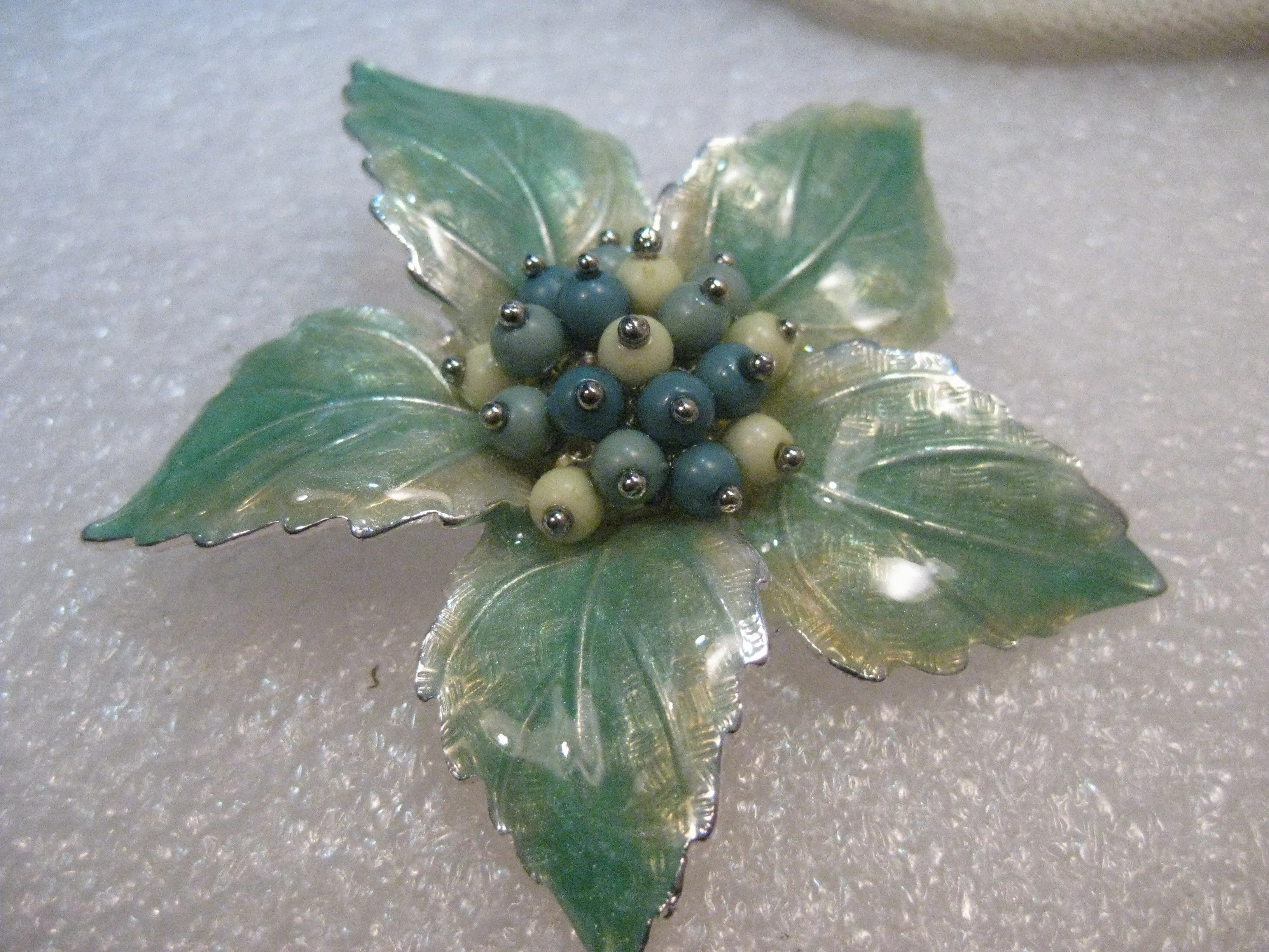 Vintage Liz Claiborne Green Enameled Floral Brooch, 2.25", 1970's, Mint Green