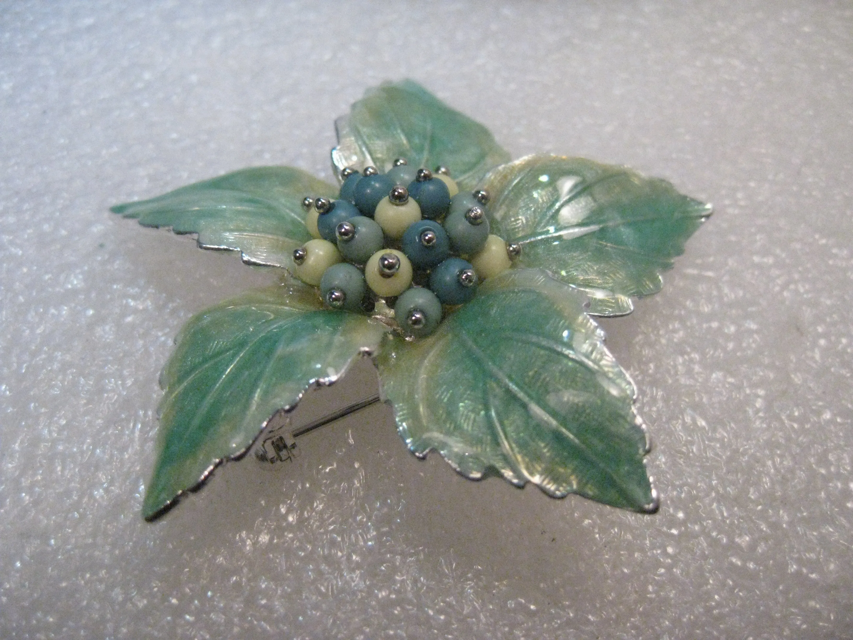 Vintage Liz Claiborne Green Enameled Floral Brooch, 2.25", 1970's, Mint Green