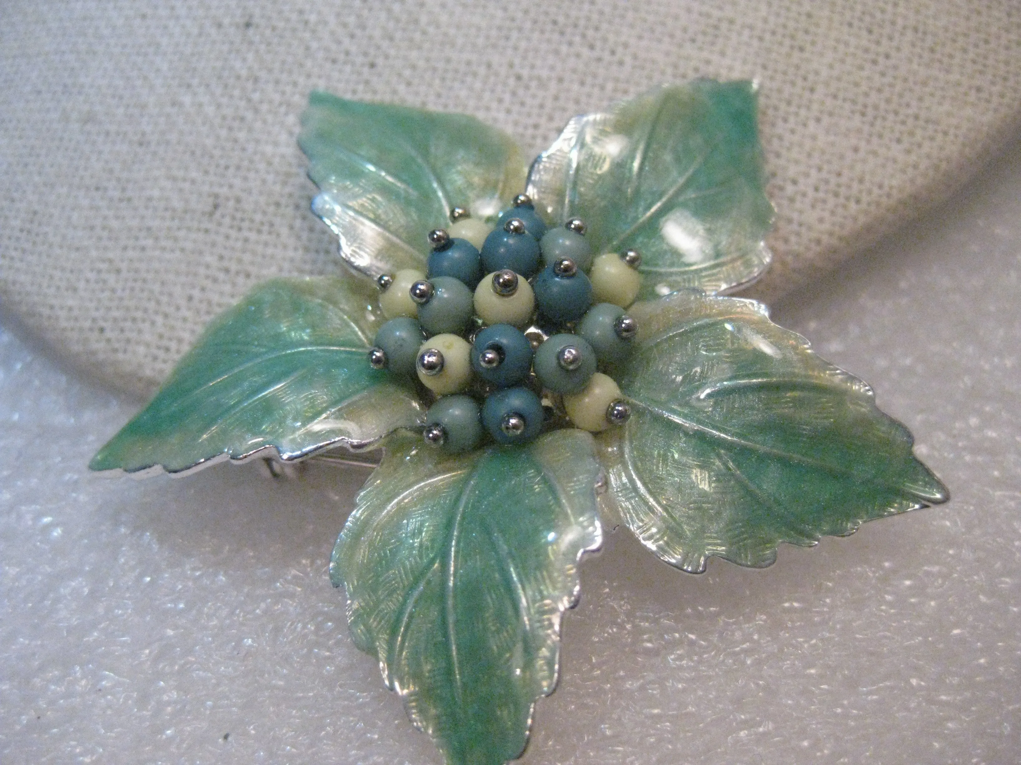 Vintage Liz Claiborne Green Enameled Floral Brooch, 2.25", 1970's, Mint Green