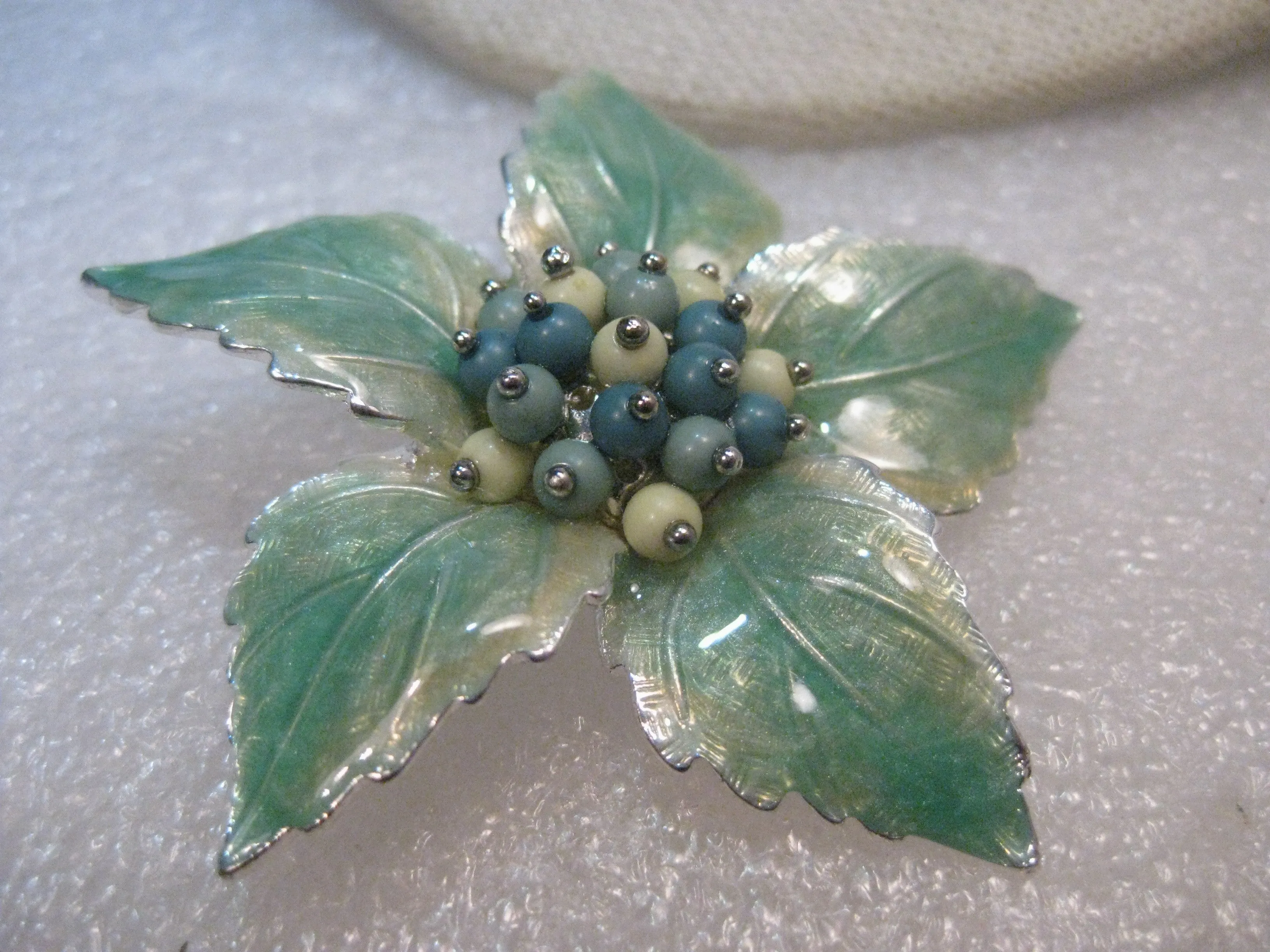 Vintage Liz Claiborne Green Enameled Floral Brooch, 2.25", 1970's, Mint Green