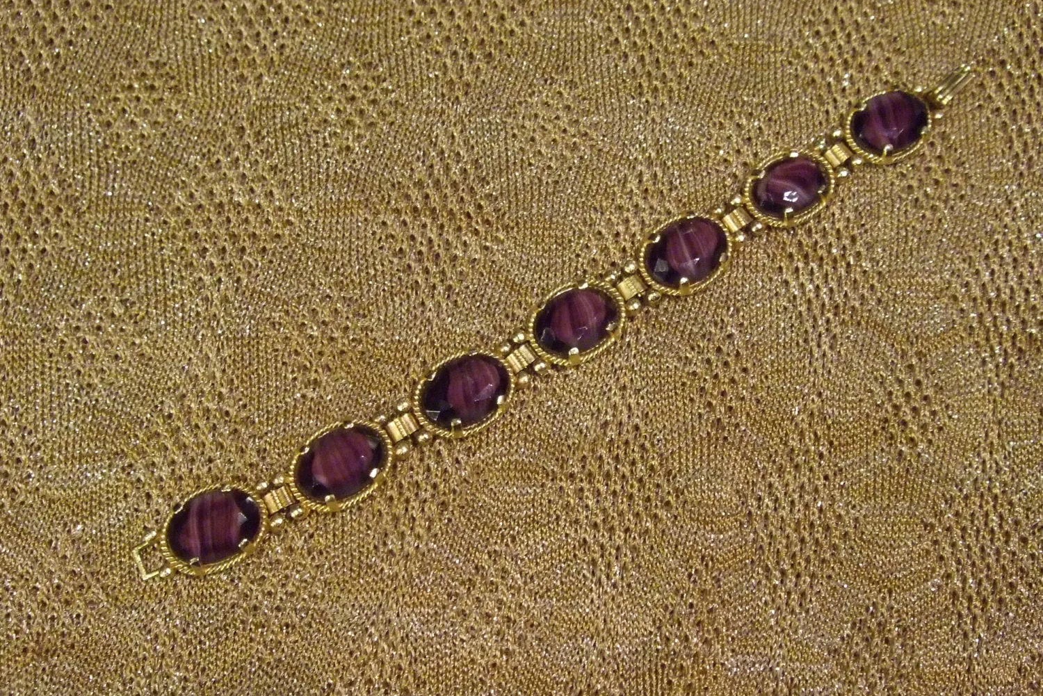 Vintage Purple Bracelet by Sphinx Agate Glass Gold