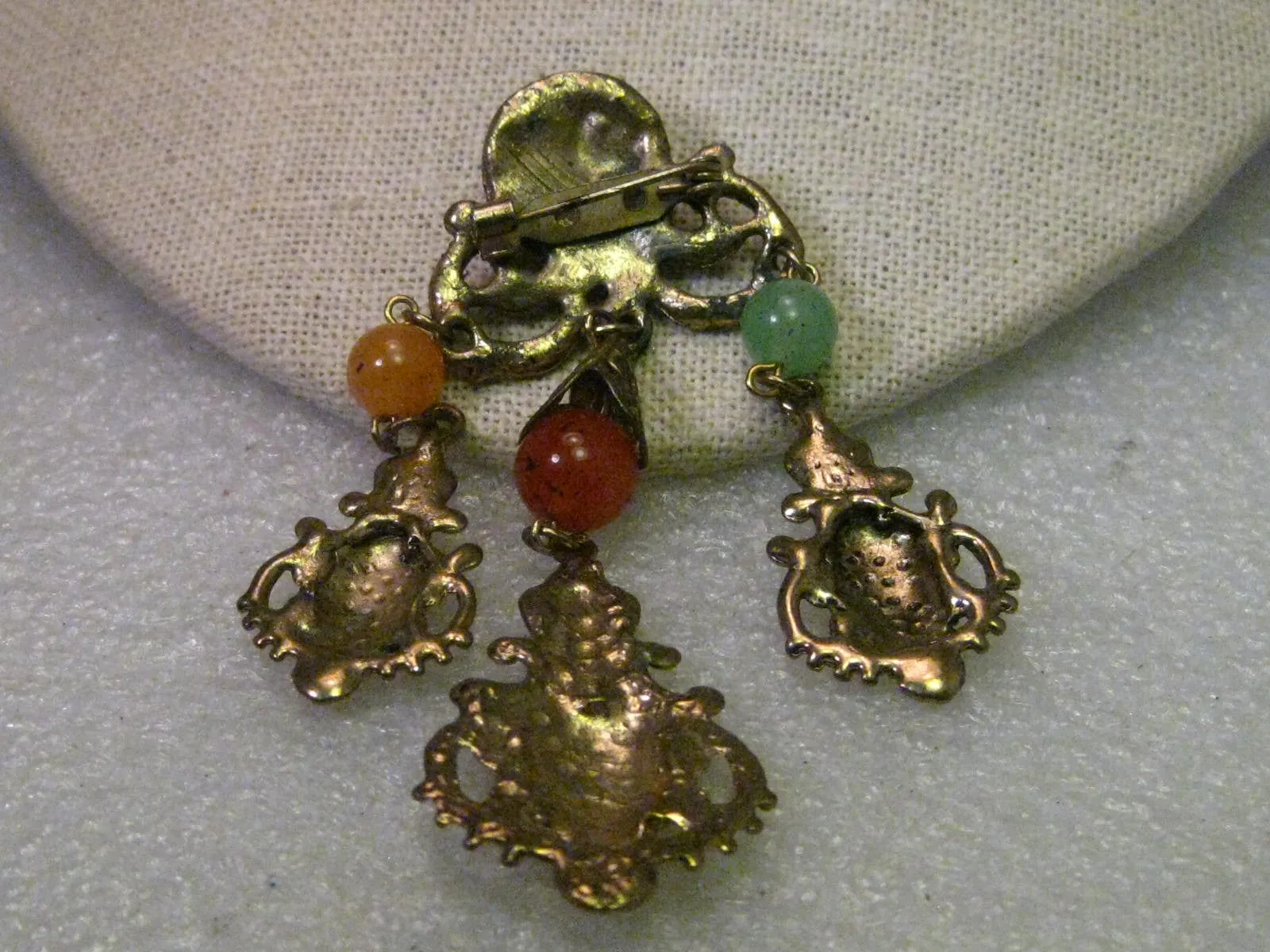 Vintage Retro Roman Style Brooch with Dangling Urn Charms and Beads, 3.75" - Gold tone