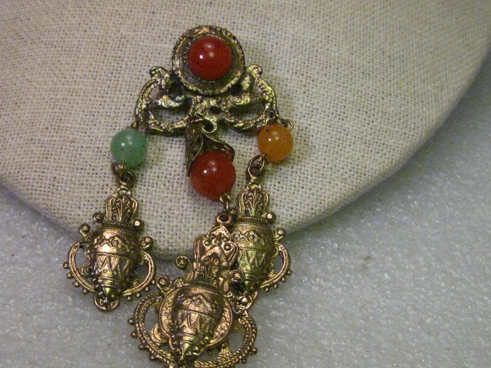 Vintage Retro Roman Style Brooch with Dangling Urn Charms and Beads, 3.75" - Gold tone