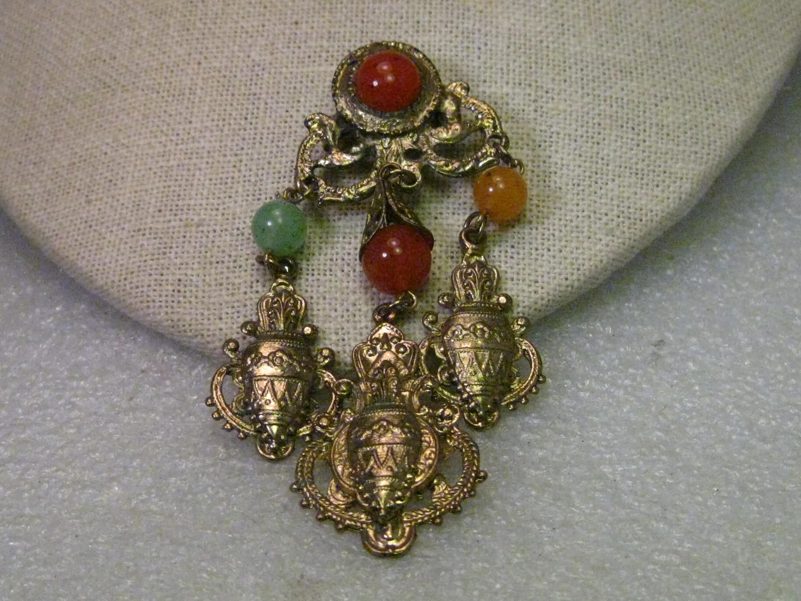 Vintage Retro Roman Style Brooch with Dangling Urn Charms and Beads, 3.75" - Gold tone