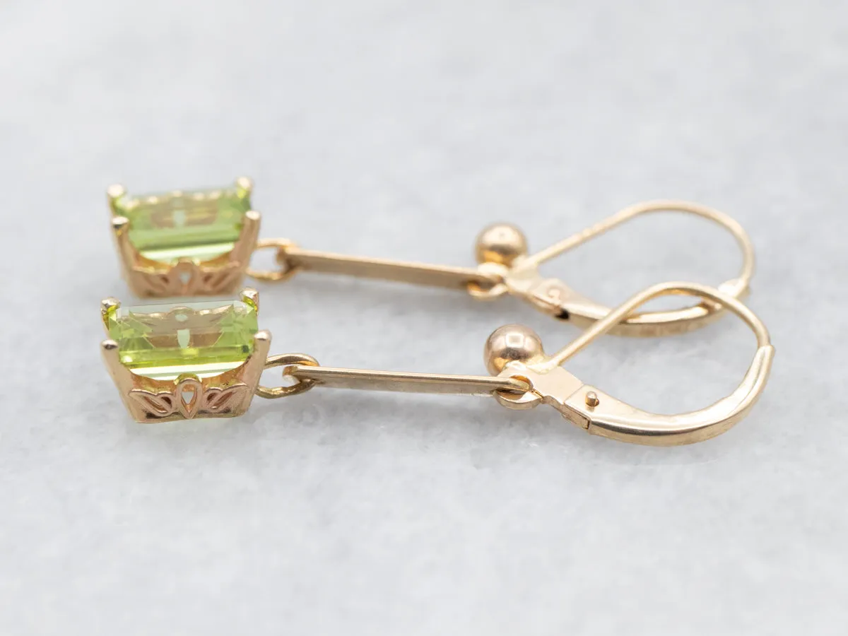 Yellow and Rose Gold Bar Peridot Drop Earrings
